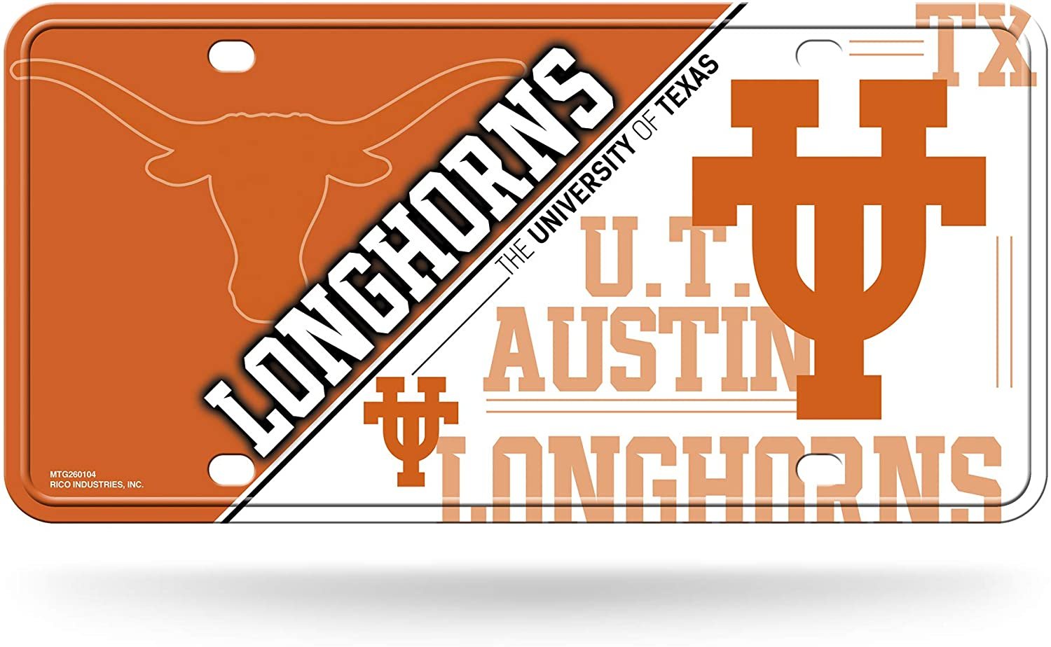 University of Texas Longhorns Metal Auto Tag License Plate, Split Design, 6x12 Inch