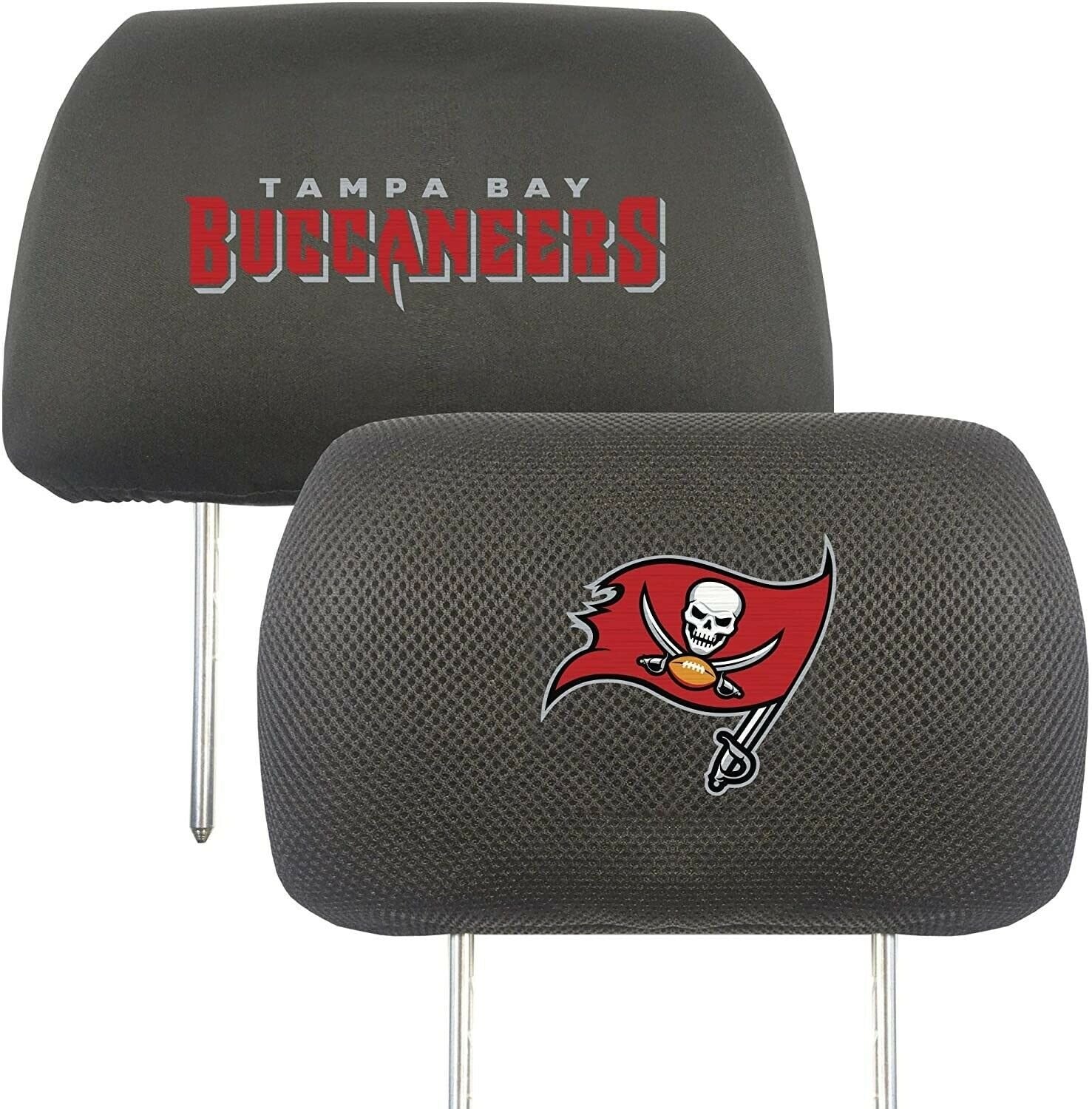 Tampa Bay Buccaneers Pair of Premium Auto Head Rest Covers, Embroidered, Black Elastic, 14x10 Inch