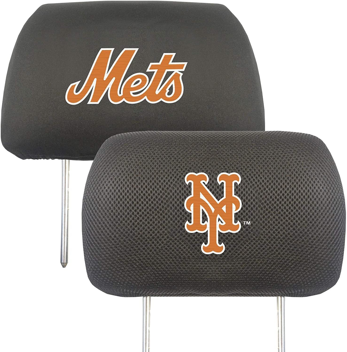 New York Mets Pair of Premium Auto Head Rest Covers, Embroidered, Black Elastic, 14x10 Inch