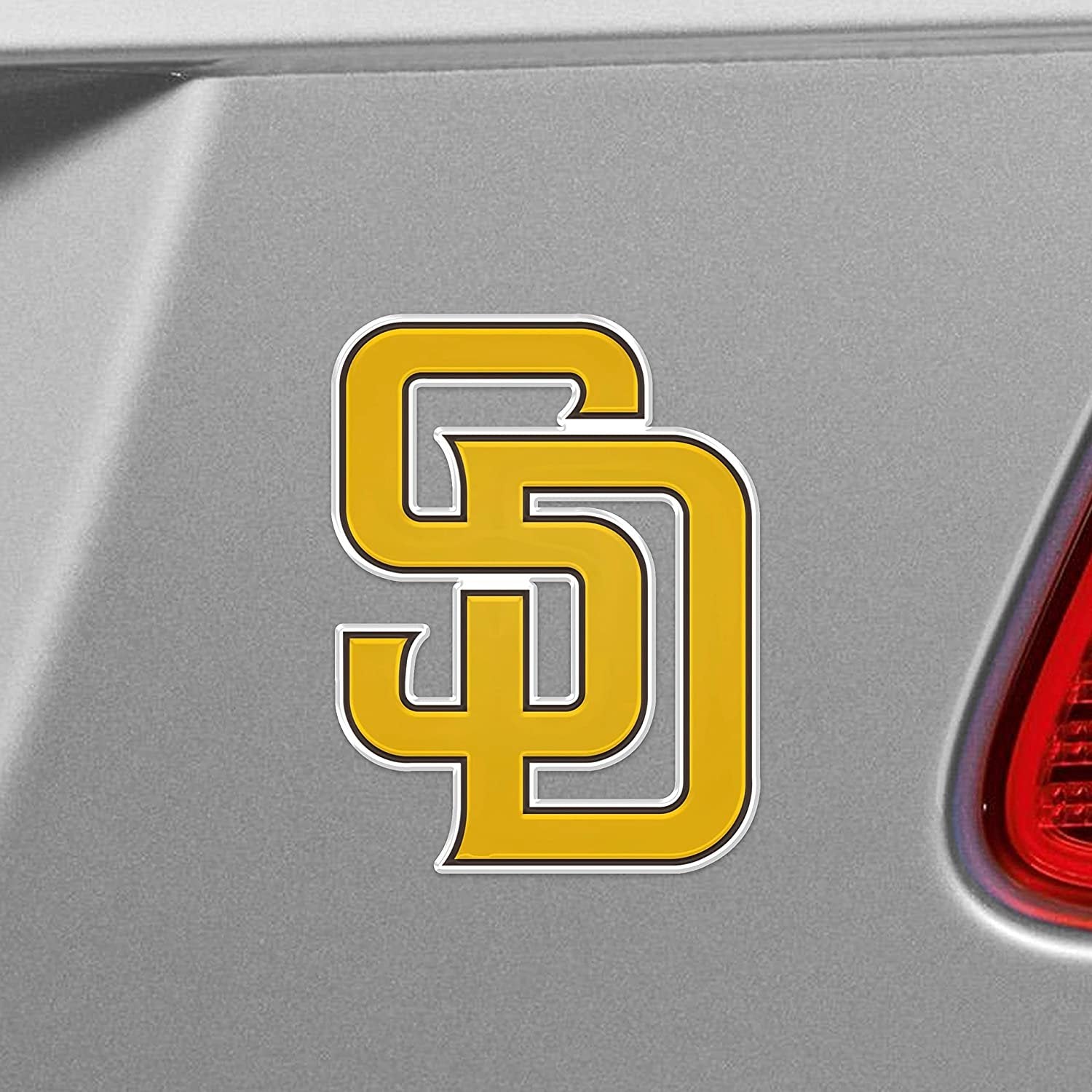 San Diego Padres Auto Emblem, Aluminum Metal, Embossed Team Color, Raised Decal Sticker, Full Adhesive Backing