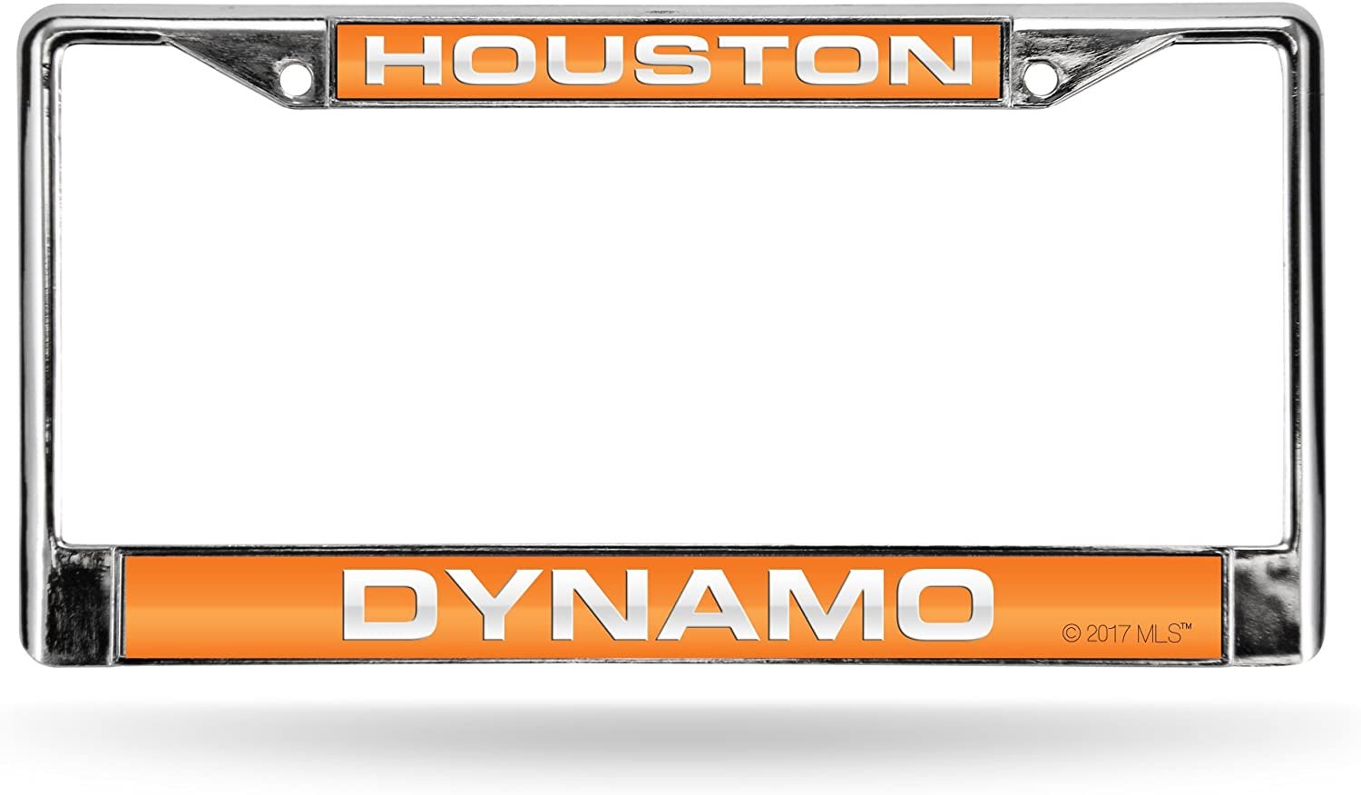 Houston Dynamo MLS Chrome Metal License Plate Frame Tag Cover, Laser Acrylic Mirrored Inserts, 12x6 Inch