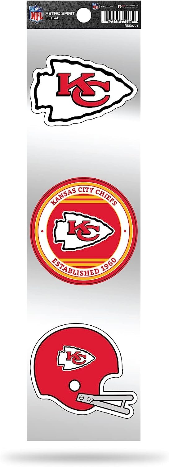Kansas City Chiefs 3-Piece Retro Decal Sticker Sheet, Die Cut, Clear Backing, 3x12 Inch
