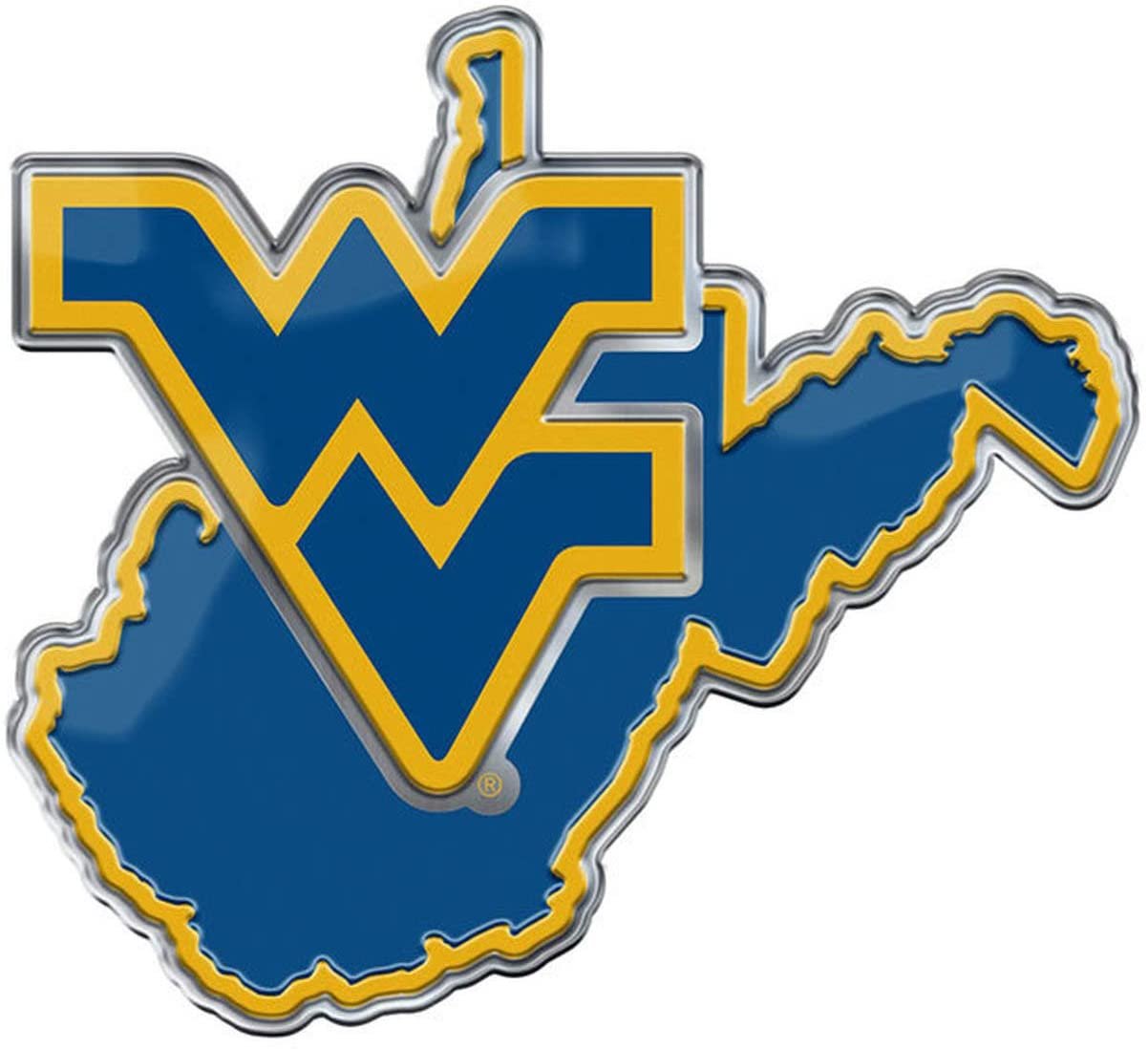 West Virginia University Mountaineers Team State Design Auto Emblem, Aluminum Metal, Embossed Team Color, Raised Decal Sticker, Full Adhesive Backing