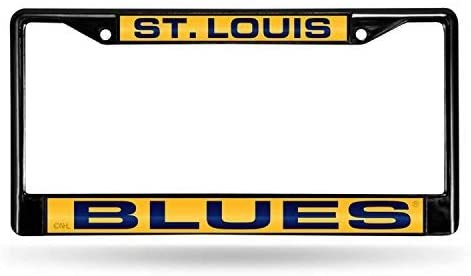 St Louis Blues Black Metal License Plate Frame Tag Cover, Laser Acrylic Mirrored Inserts, 12x6 Inch