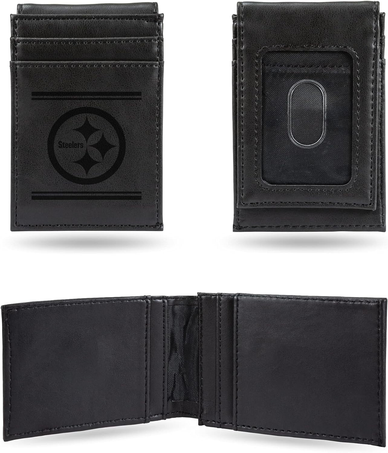 Pittsburgh Steelers Premium Black Leather Wallet, Front Pocket Magnetic Money Clip, Laser Engraved, Vegan