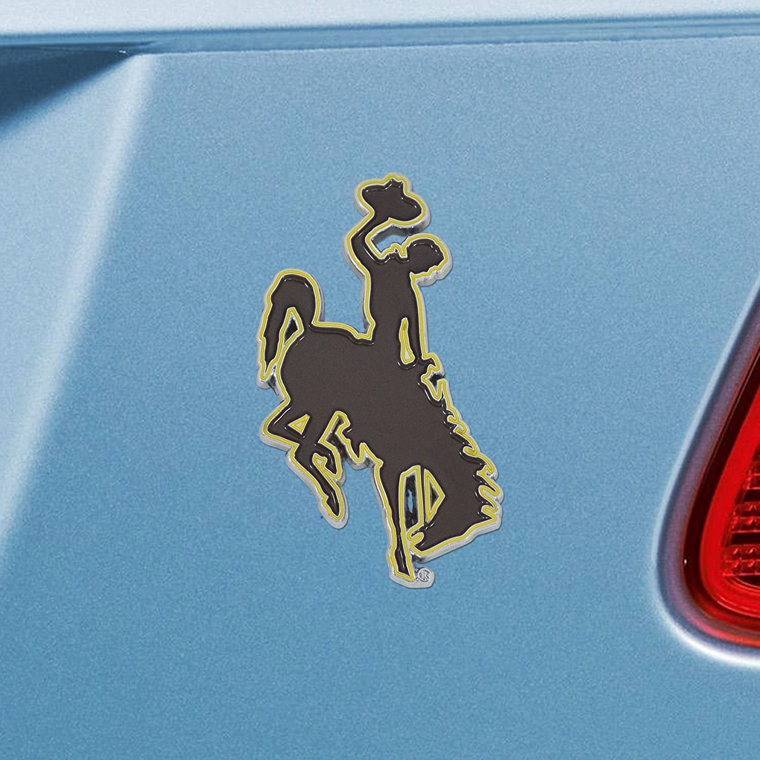 University of Wyoming Cowboys Premium Solid Metal Raised Auto Emblem, Team Color, Shape Cut, Adhesive Backing