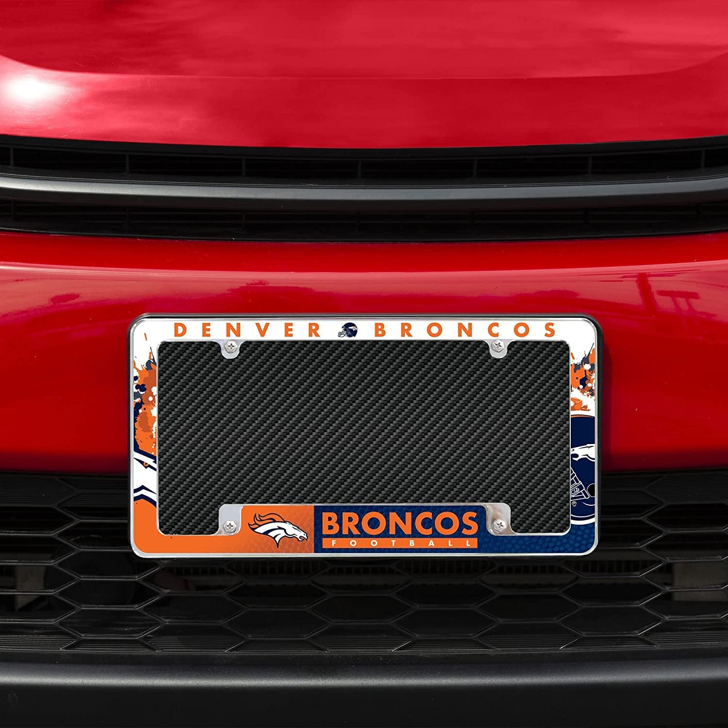 Denver Broncos Metal License Plate Frame Chrome Tag Cover All Over Design 6x12 Inch