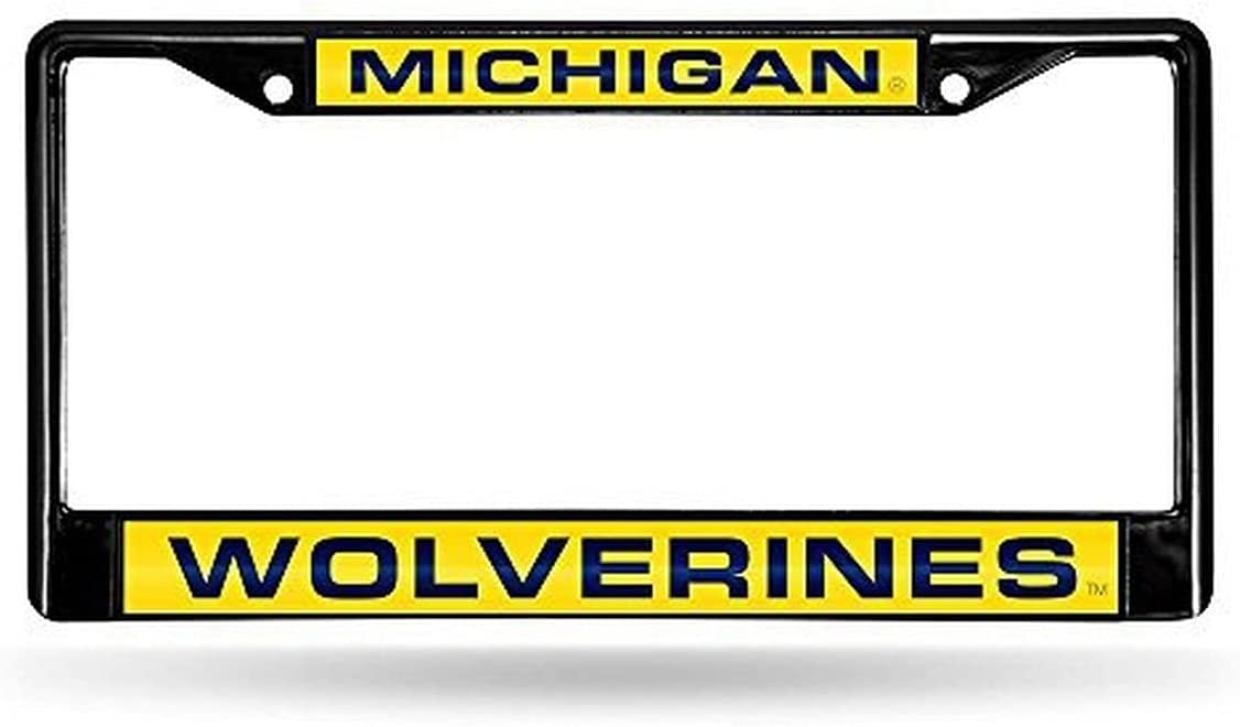 University of Michigan Wolverines Black Metal License Plate Frame Tag Cover, Laser Acrylic Mirrored Inserts, 12x6 Inch