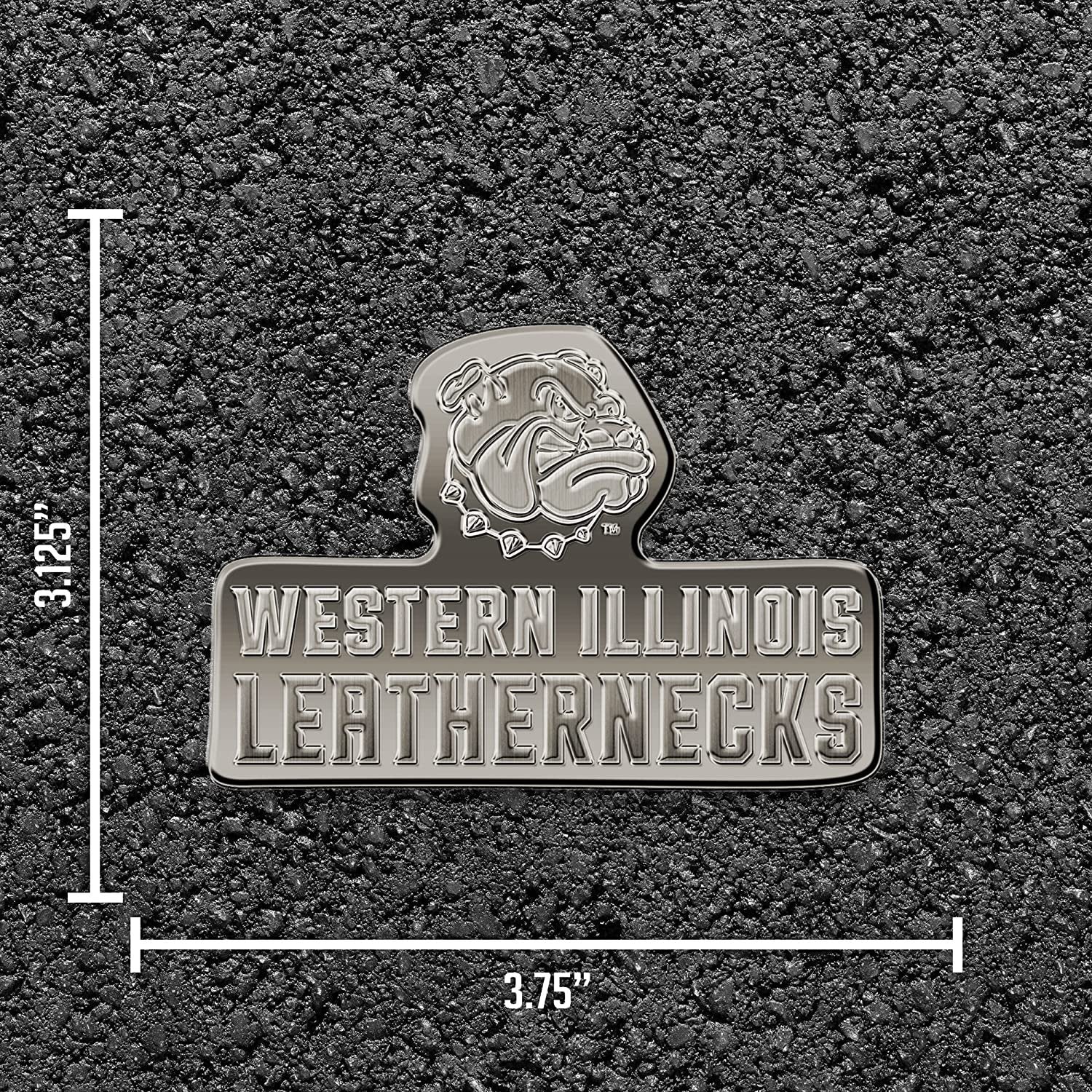 Western Illinois University Leathernecks Solid Metal Auto Emblem, Antique Nickel Finish, Raised, Die Cut, 3.5 Inch, Adhesive Tape Backing