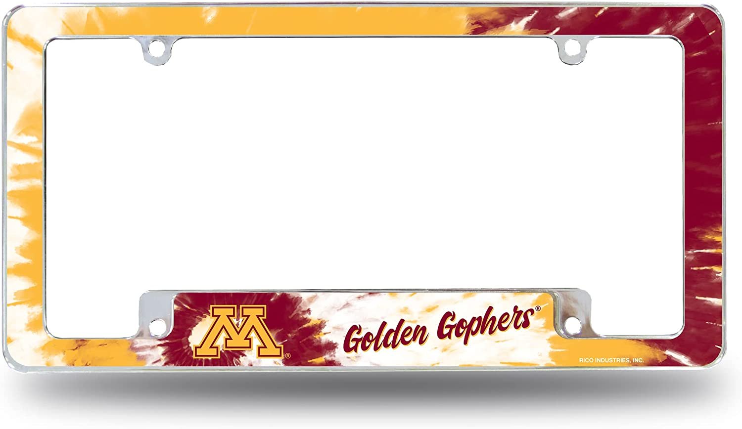 University of Minnesota Golden Gophers Metal License Plate Frame Chrome Tag Cover Tie Dye Design 6x12 Inch