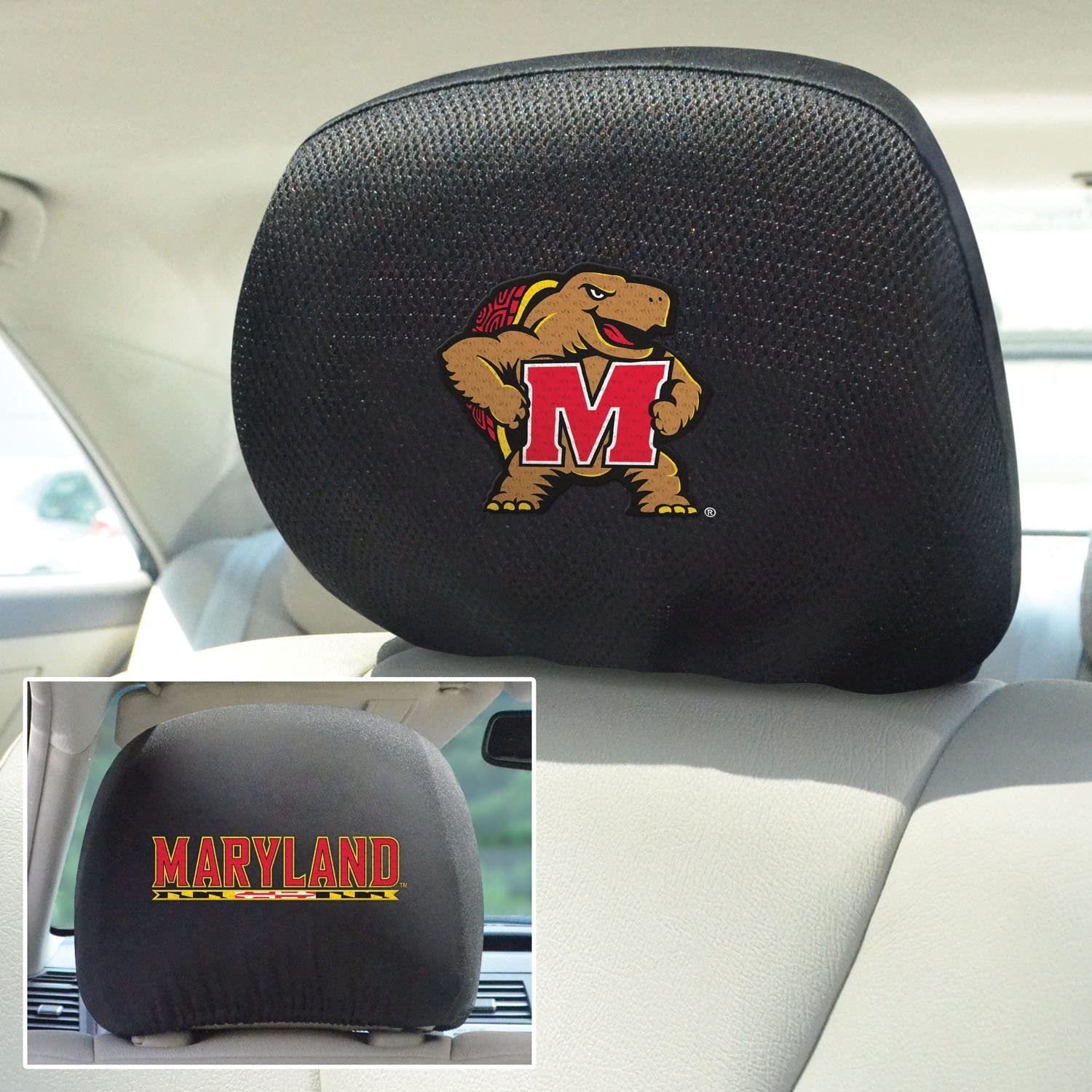 University of Maryland Terrapins Pair of Premium Auto Head Rest Covers, Embroidered, Black Elastic, 14x10 Inch