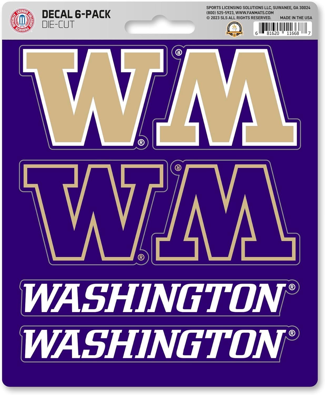 University of Washington Huskies 6-Piece Decal Sticker Set, 5x6 Inch Sheet, Gift for football fans for any hard surfaces around home, automotive, personal items
