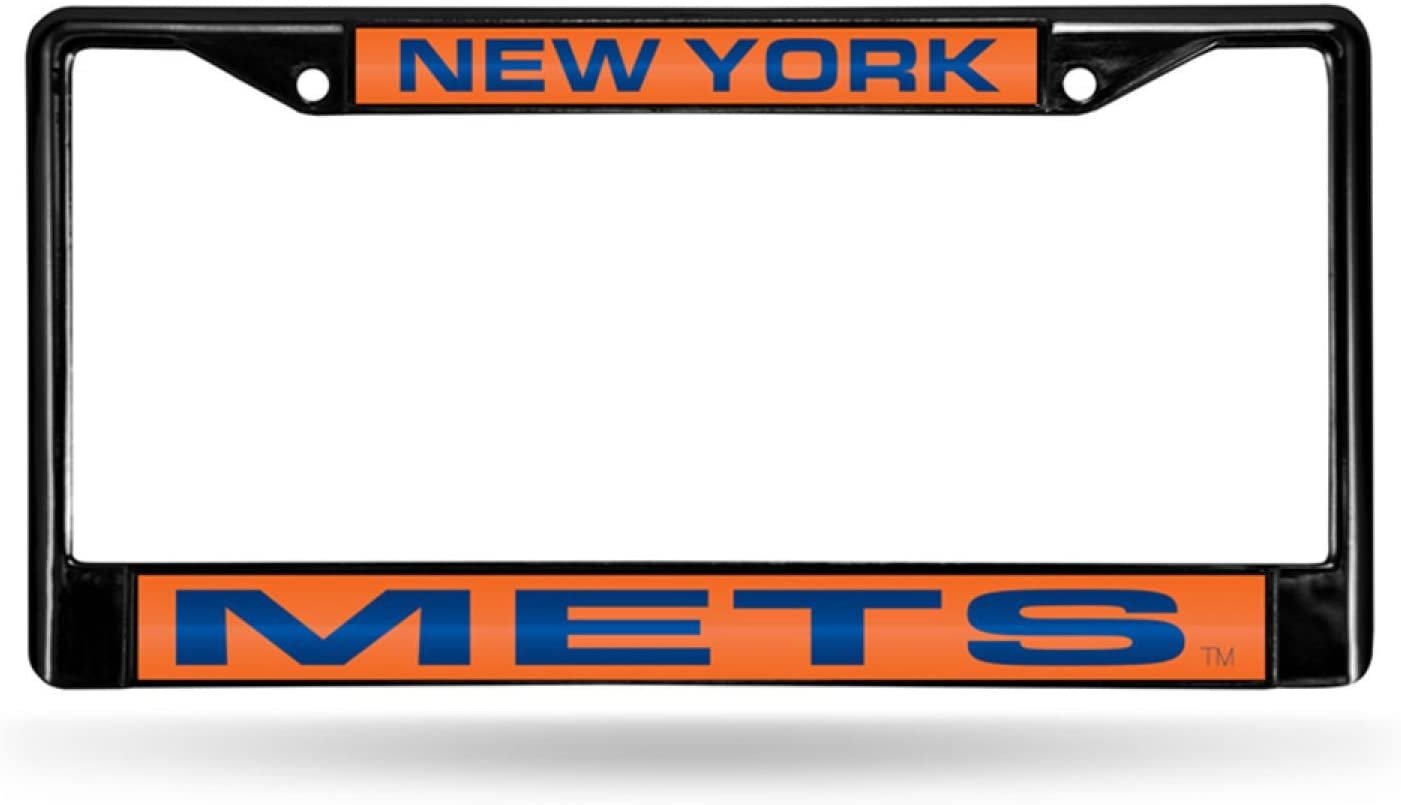 New York Mets Black Metal License Plate Frame Tag Cover, Laser Acrylic Mirrored Inserts, 12x6 Inch
