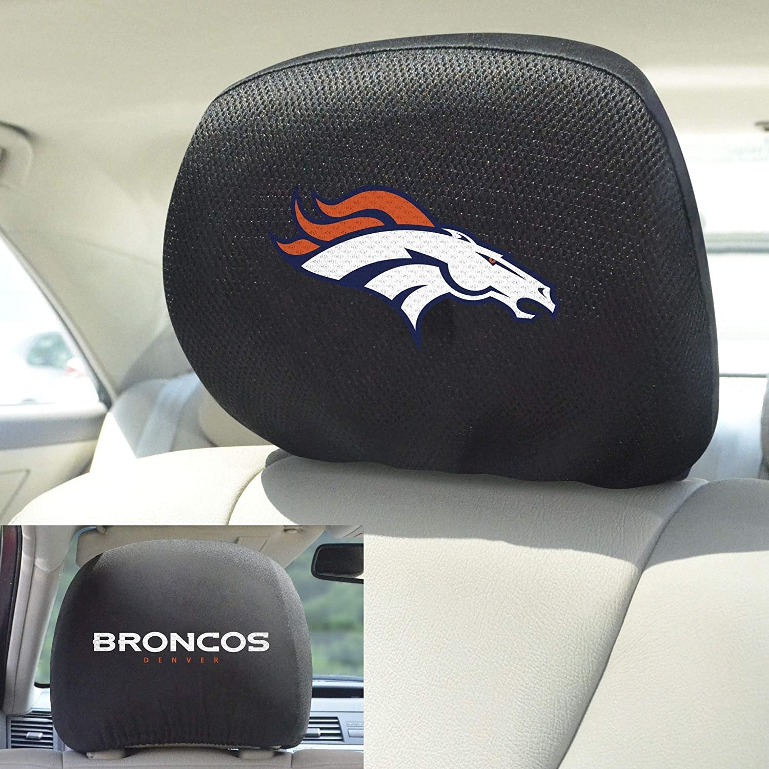 Denver Broncos Pair of Premium Auto Head Rest Covers, Embroidered, Black Elastic, 14x10 Inch