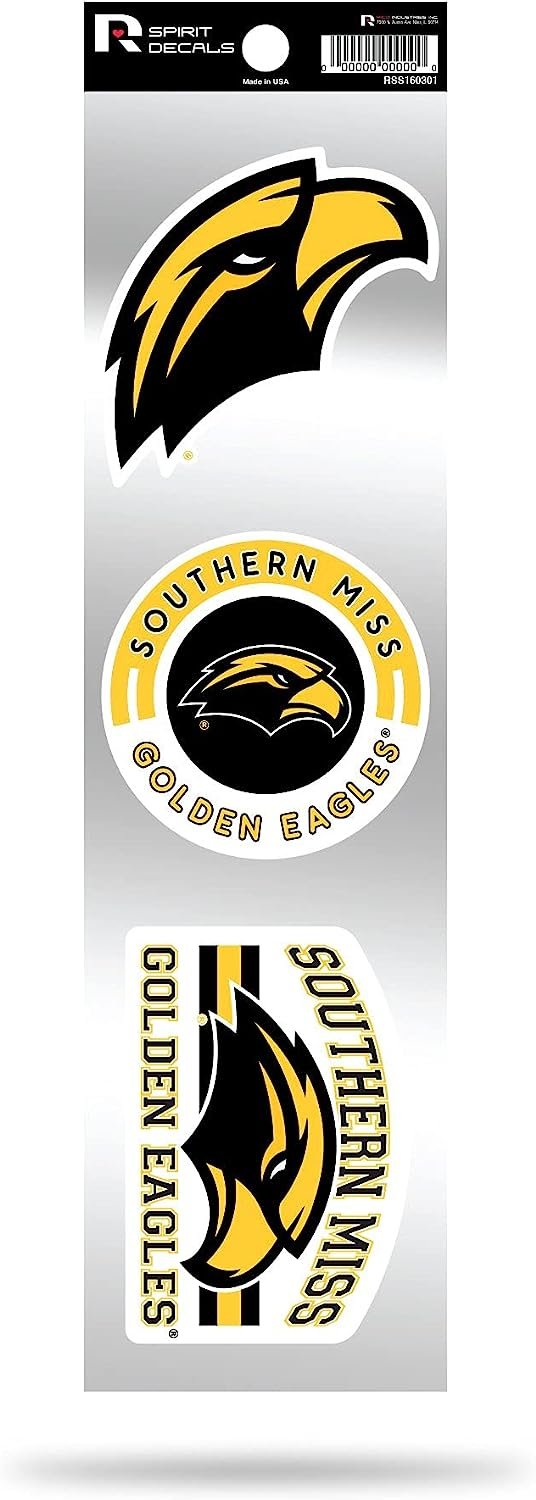 University of Southern Mississippi Eagles 3-Piece Retro Decal Sticker Sheet, Die Cut, Clear Backing, 3x12 Inch