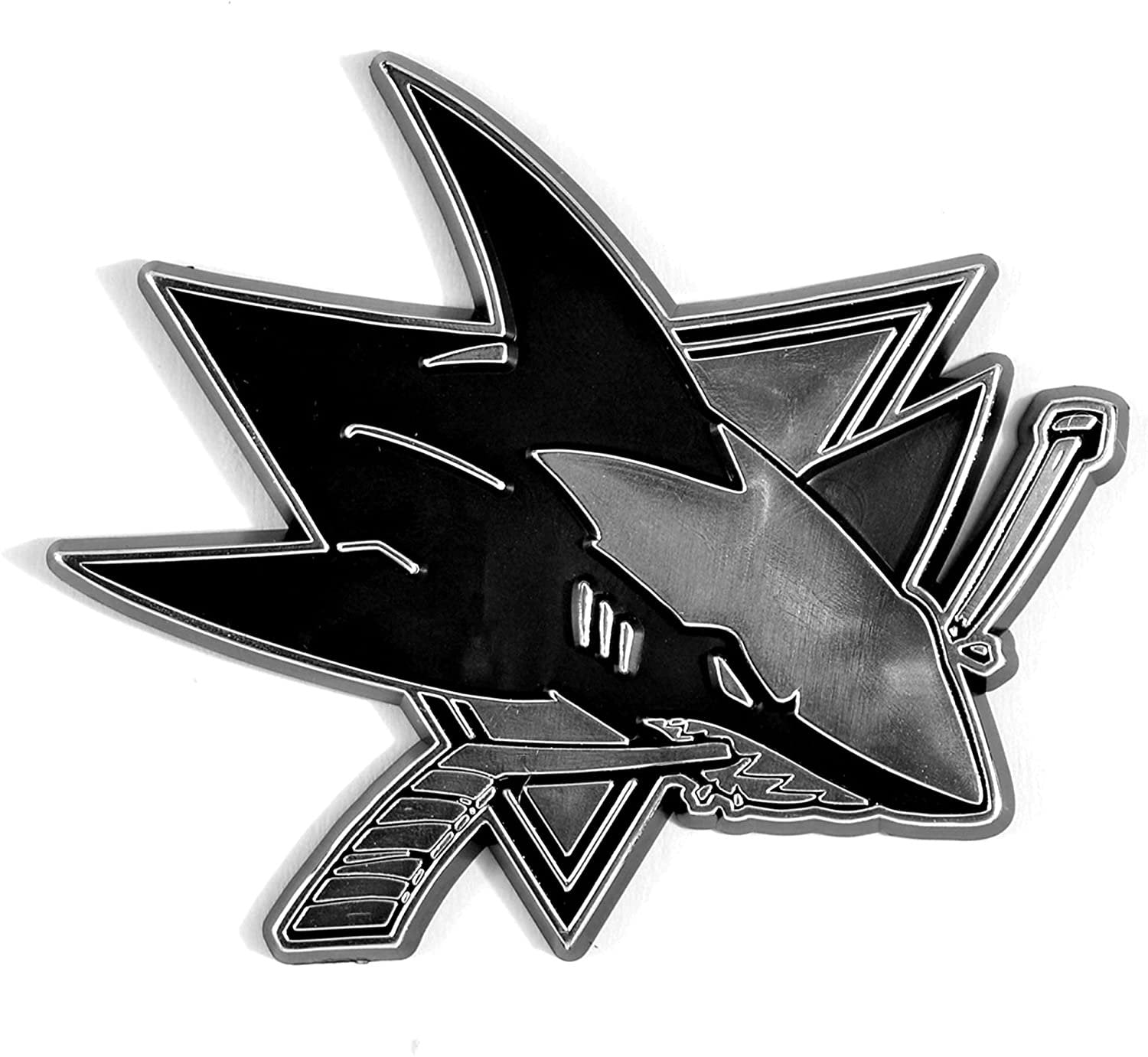 San Jose Sharks Auto Emblem, Plastic Molded, Silver Chrome Color, Raised 3D Effect, Adhesive Backing