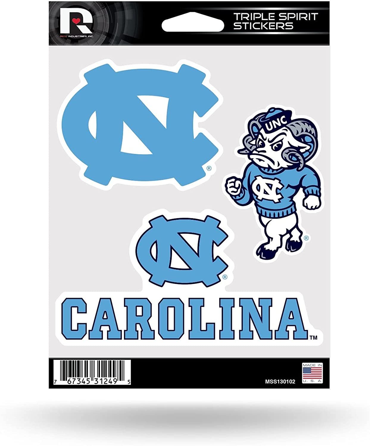 University of North Carolina Tar Heels 3 Piece Decal Sheet Triple Sticker