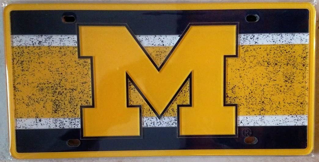 University of Michigan Wolverines Premium Laser Cut Tag License Plate, Vintage Design, Mirrored Acrylic Inlaid, 6x12 Inch