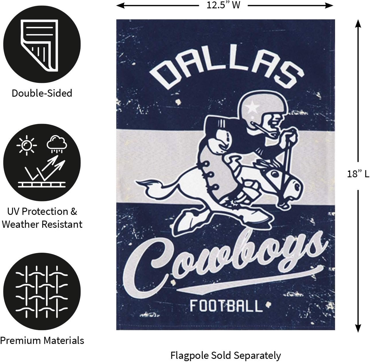 Dallas Cowboys Premium Double Sided Garden Flag Banner, Vintage Style, 13x18 Inch, Display Pole Sold Separately