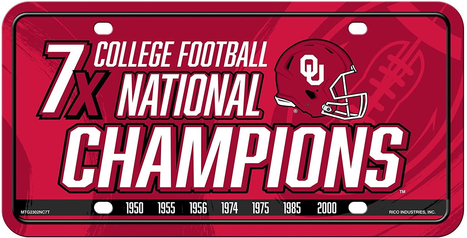 University of Oklahoma Sooners Metal Auto Tag License Plate, 7-Time Champions, 6x12 Inch