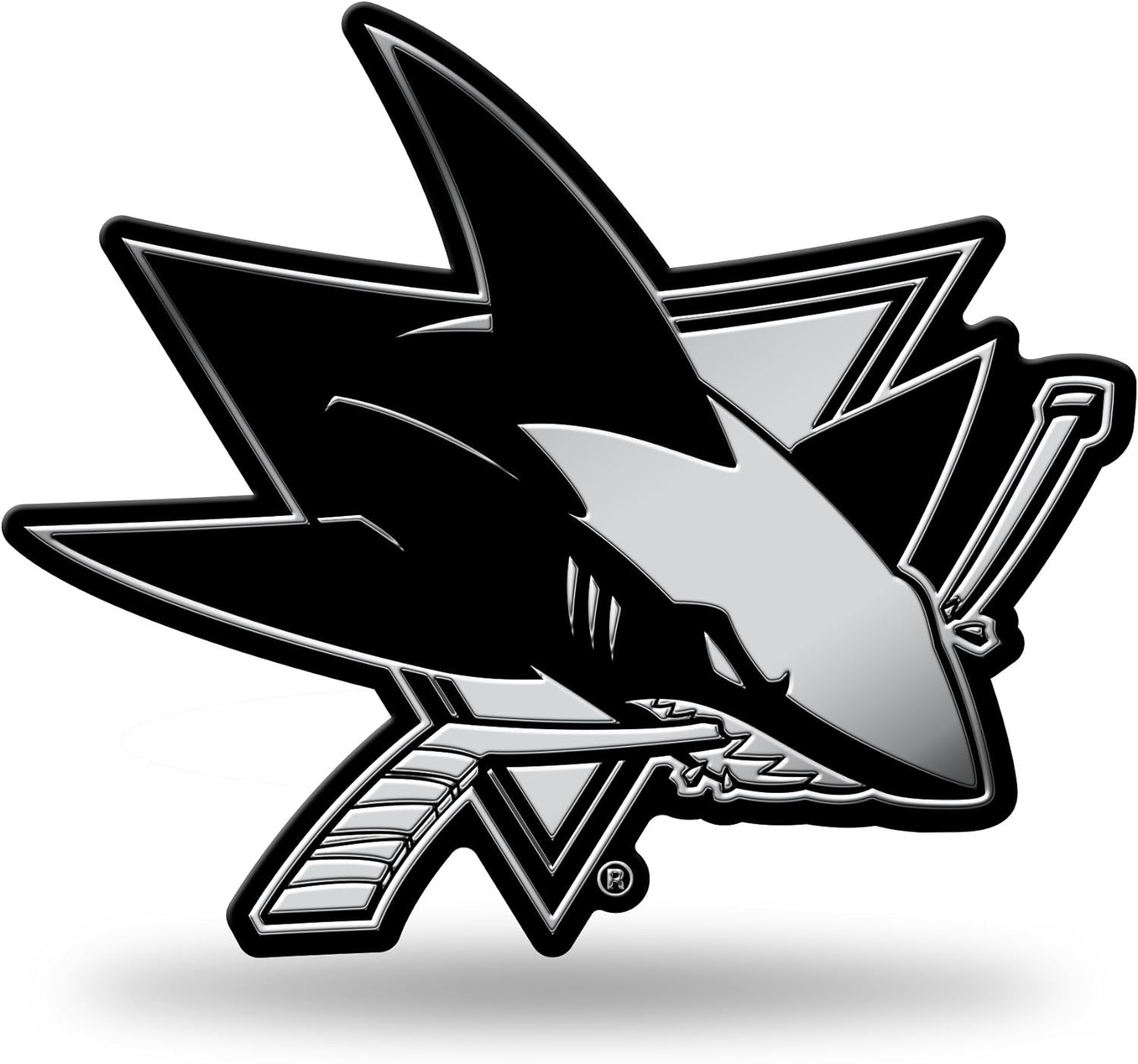 San Jose Sharks Auto Emblem, Silver Chrome Color, Raised Molded Plastic, 3.5 Inch, Adhesive Tape Backing