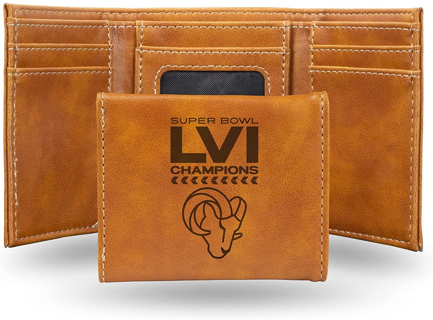 Los Angeles Rams Premium Brown Leather Wallet, Trifold, Embossed Laser Engraved