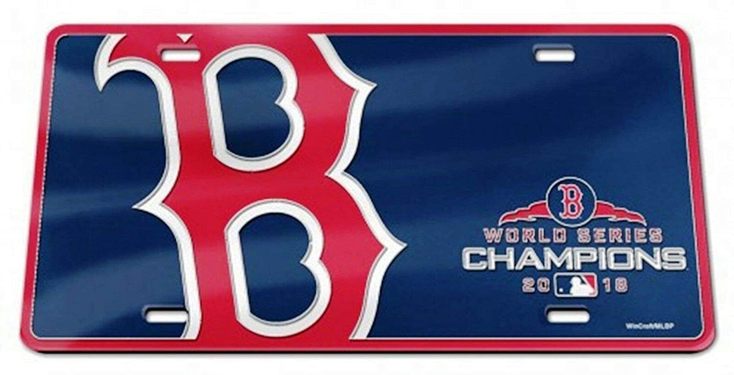 Boston Red Sox 2018 World Series Champions Premium Laser Cut Tag License Plate, Mega Logo, Mirrored Acrylic Inlaid, 6x12 Inch