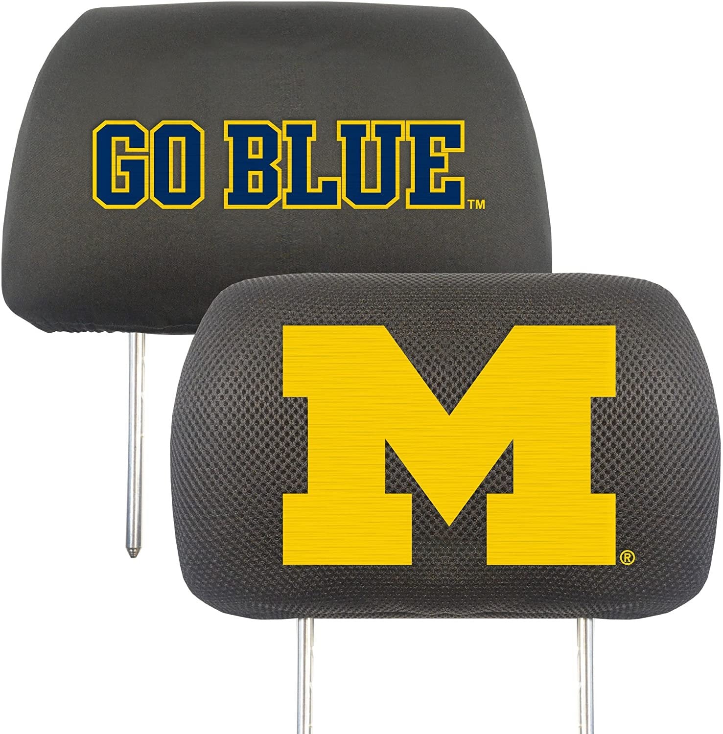University of Michigan Wolverines Pair of Premium Auto Head Rest Covers, Embroidered, Black Elastic, 14x10 Inch