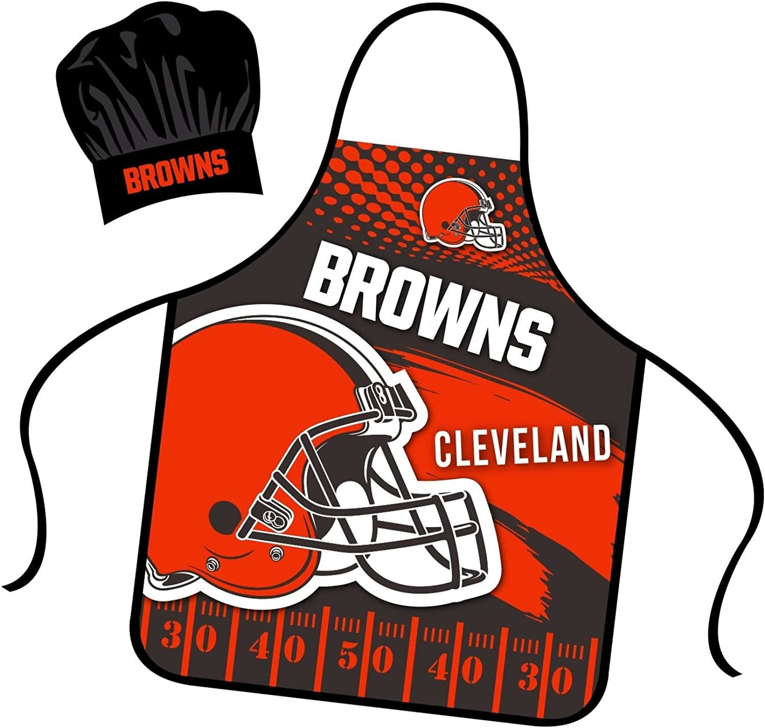 Cleveland Browns Apron Chef Hat Set Full Color Universal Size Tie Back Grilling Tailgate BBQ Cooking Host