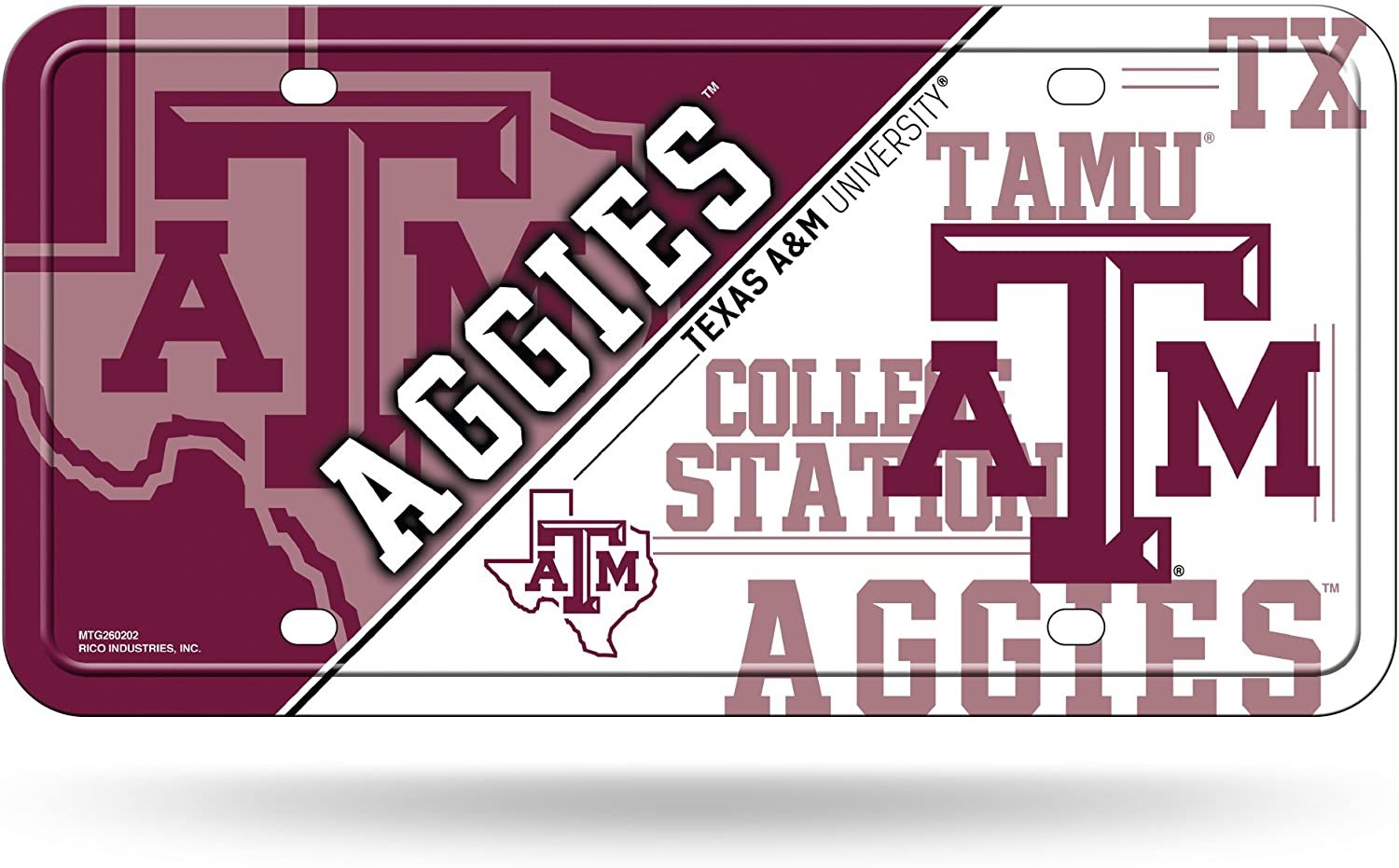Texas A&M University Aggies Metal Auto Tag License Plate, Split Design, 6x12 Inch