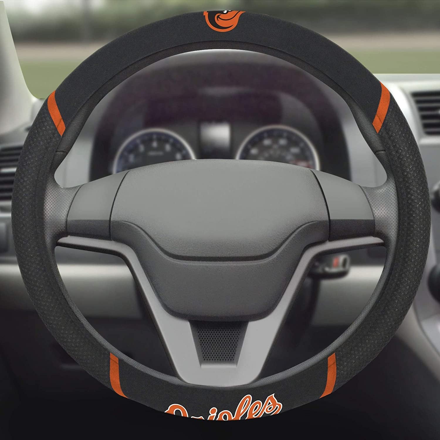 Baltimore Orioles Steering Wheel Cover Premium Embroidered Black 15 Inch