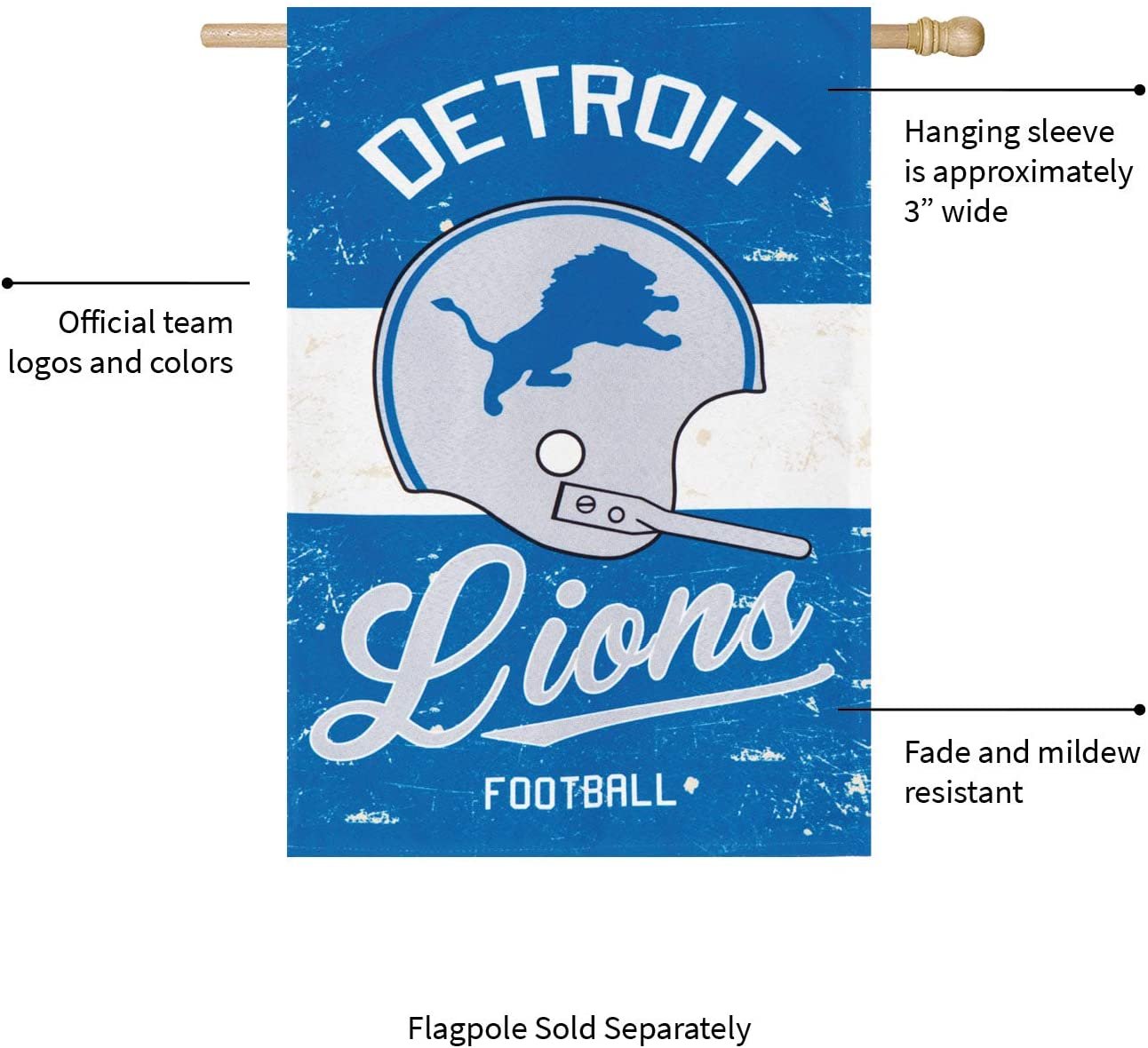 Detroit Lions Premium House Flag Banner, Double Sided, Retro Vintage Style, Linen, 28x44 Inch