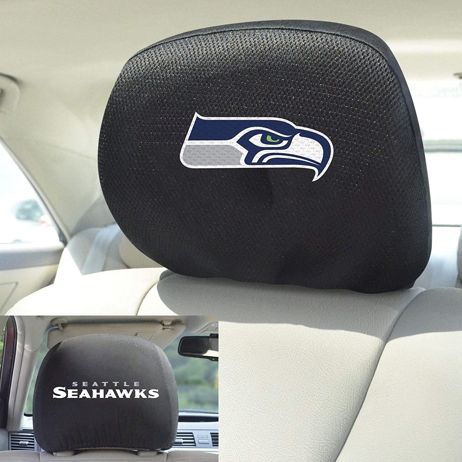 Seattle Seahawks Pair of Premium Auto Head Rest Covers, Embroidered, Black Elastic, 14x10 Inch