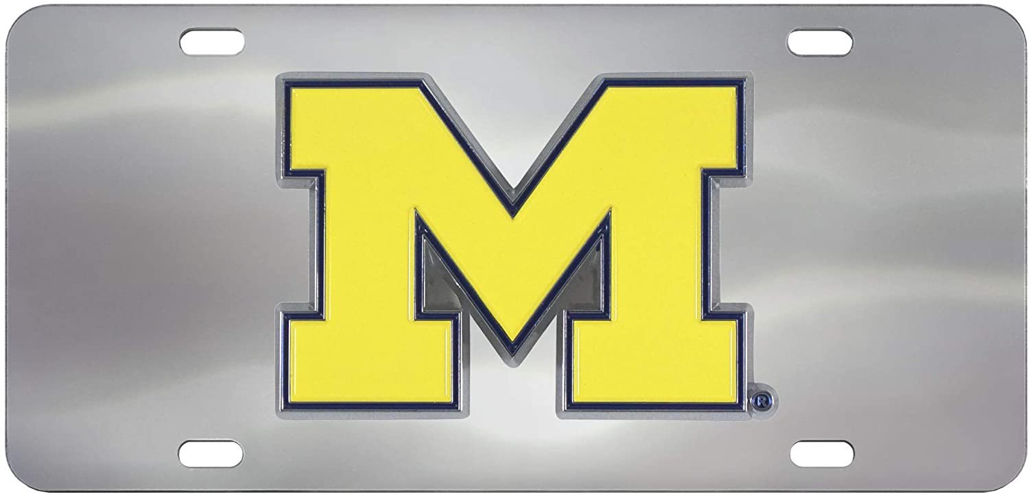 University of Michigan Wolverines License Plate Tag, Premium Stainless Steel Diecast, Chrome, Raised Solid Metal Color Emblem, 6x12 Inch