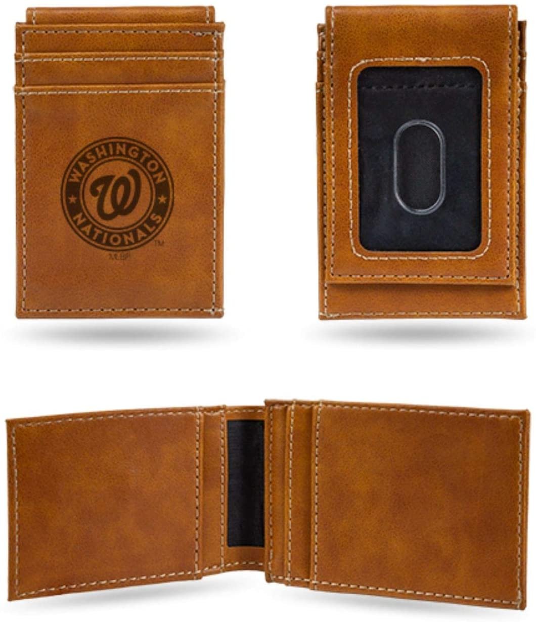 Washington Nationals Premium Brown Leather Wallet, Front Pocket Magnetic Money Clip, Laser Engraved