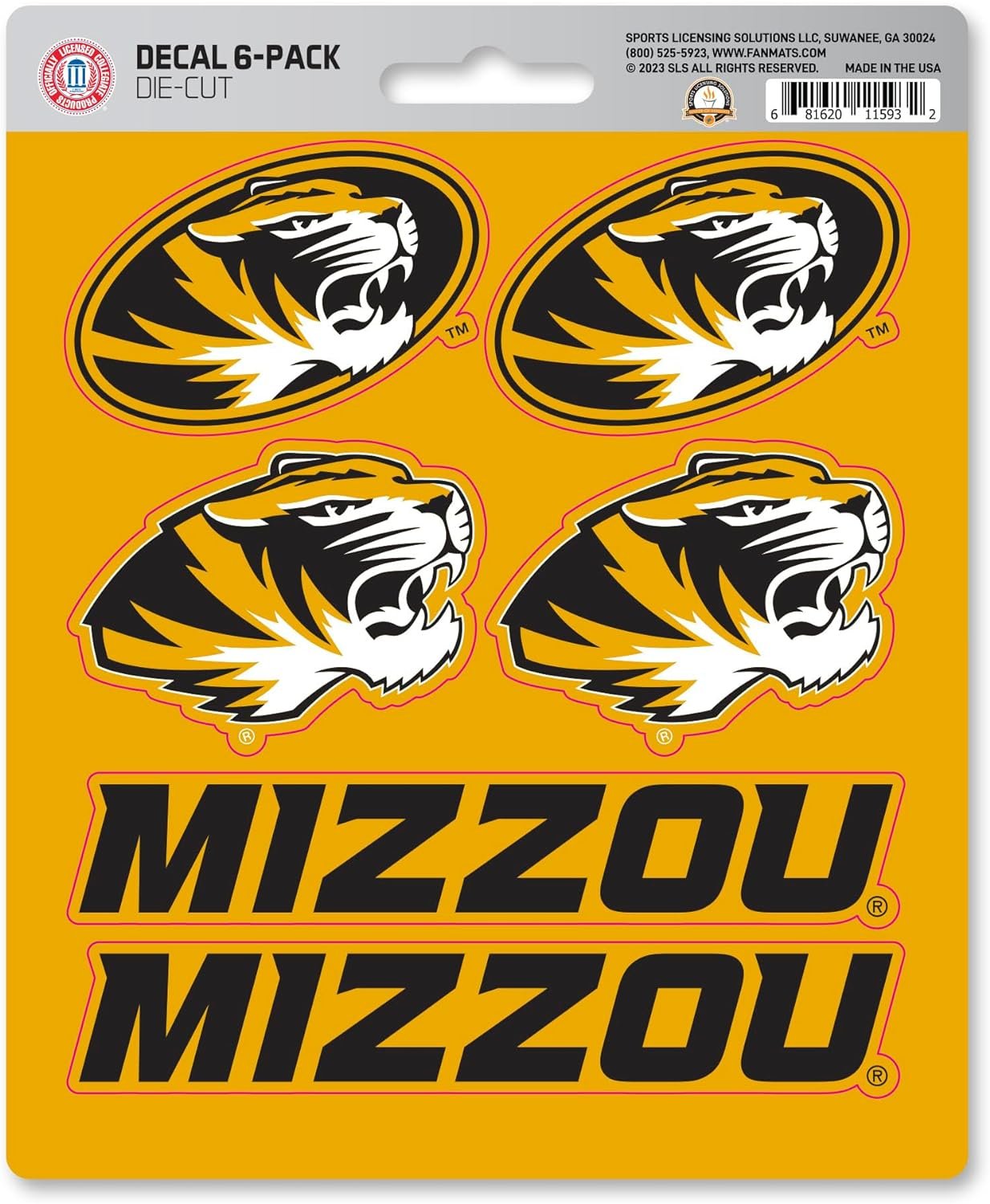 University of Missouri Tigers 6-Piece Decal Sticker Set, 5x6 Inch Sheet, Gift for football fans for any hard surfaces around home, automotive, personal items