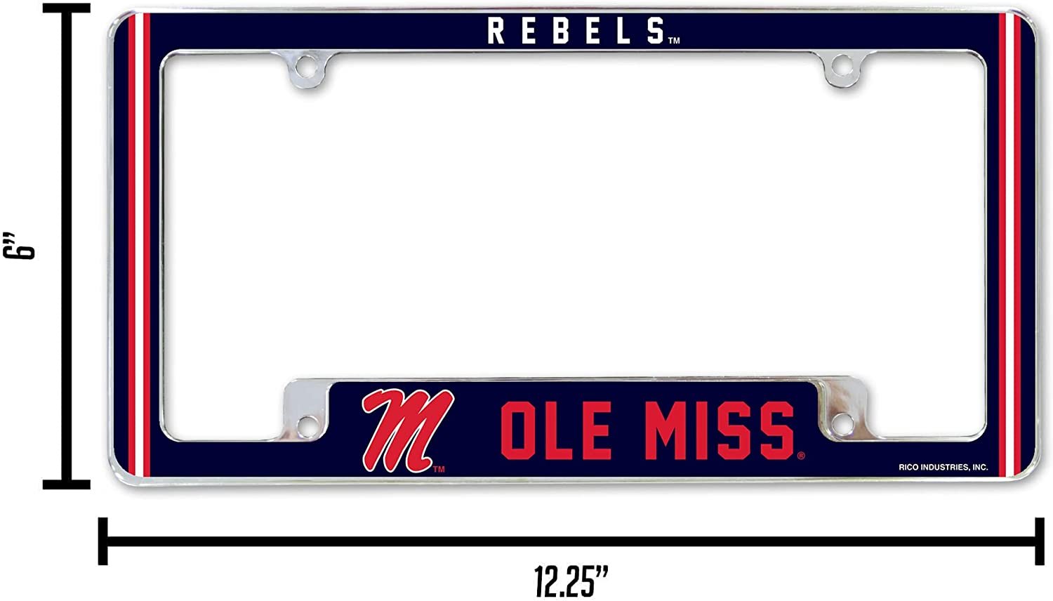 University of Mississippi Rebels Ole Miss Metal License Plate Frame Chrome Tag Cover Alternate Design 6x12 Inch