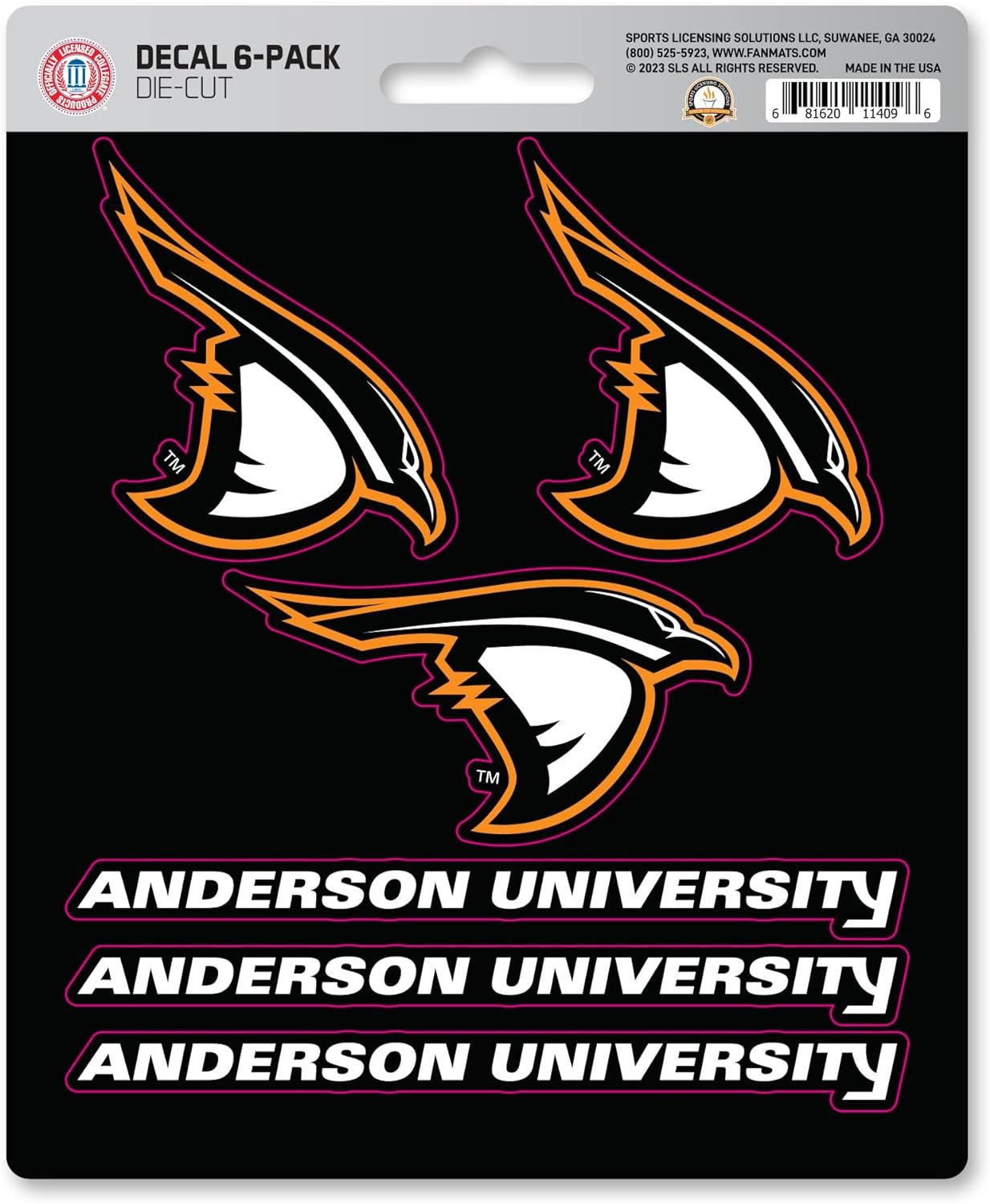 Anderson University Ravens 6-Piece Decal Sticker Set, 5x6 Inch Sheet, Gift for football fans for any hard surfaces around home, automotive, personal items