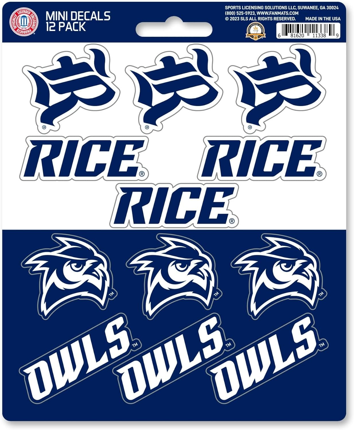 Rice University Owls 12-Piece Mini Decal Sticker Set, 5x6 Inch Sheet, Gift for football fans for any hard surfaces around home, automotive, personal items