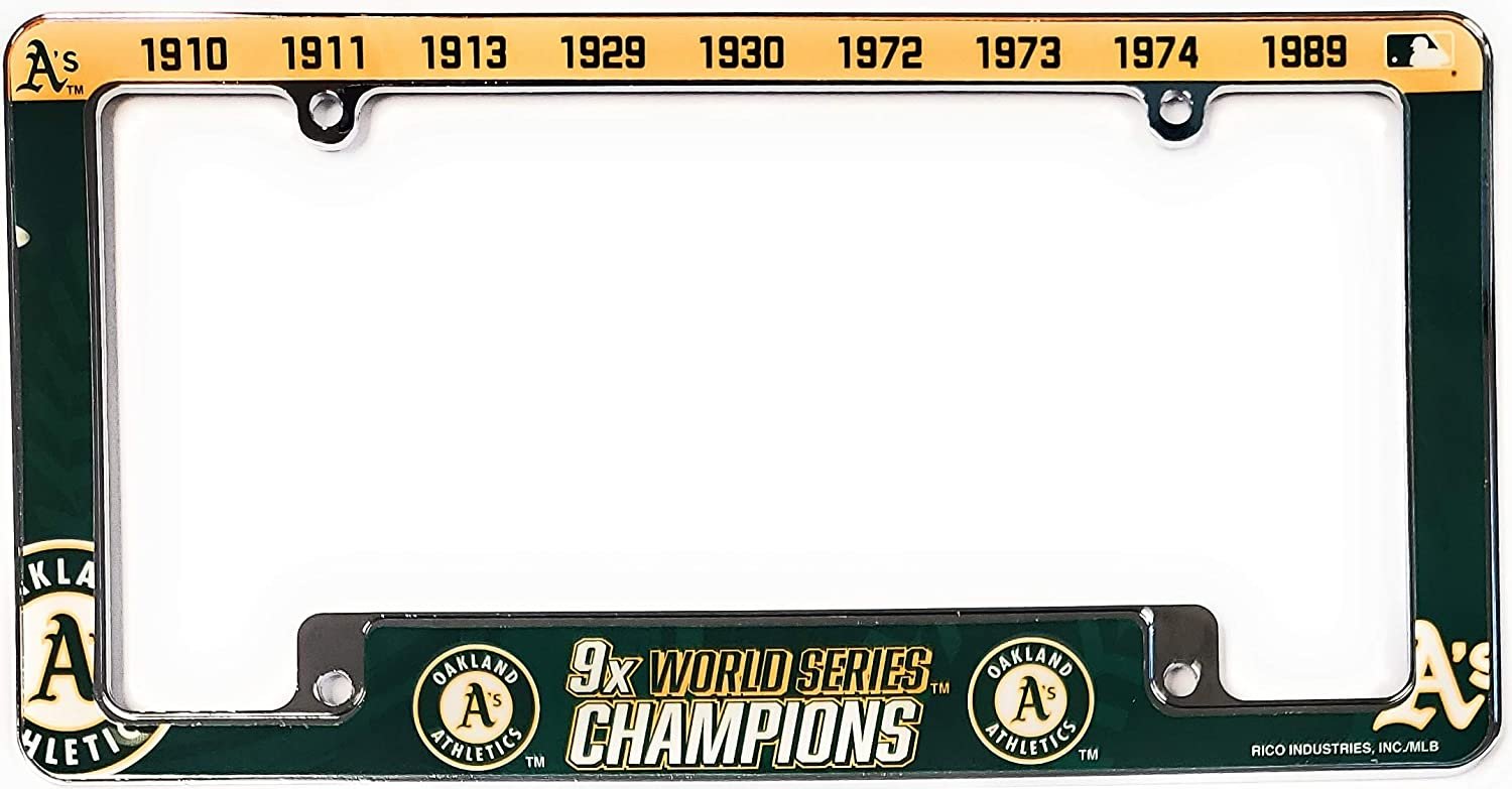 Oakland Athletics A's 9X Time Champions Metal License Plate Frame Chrome Tag Cover, All Over Design, 6x12 Inch