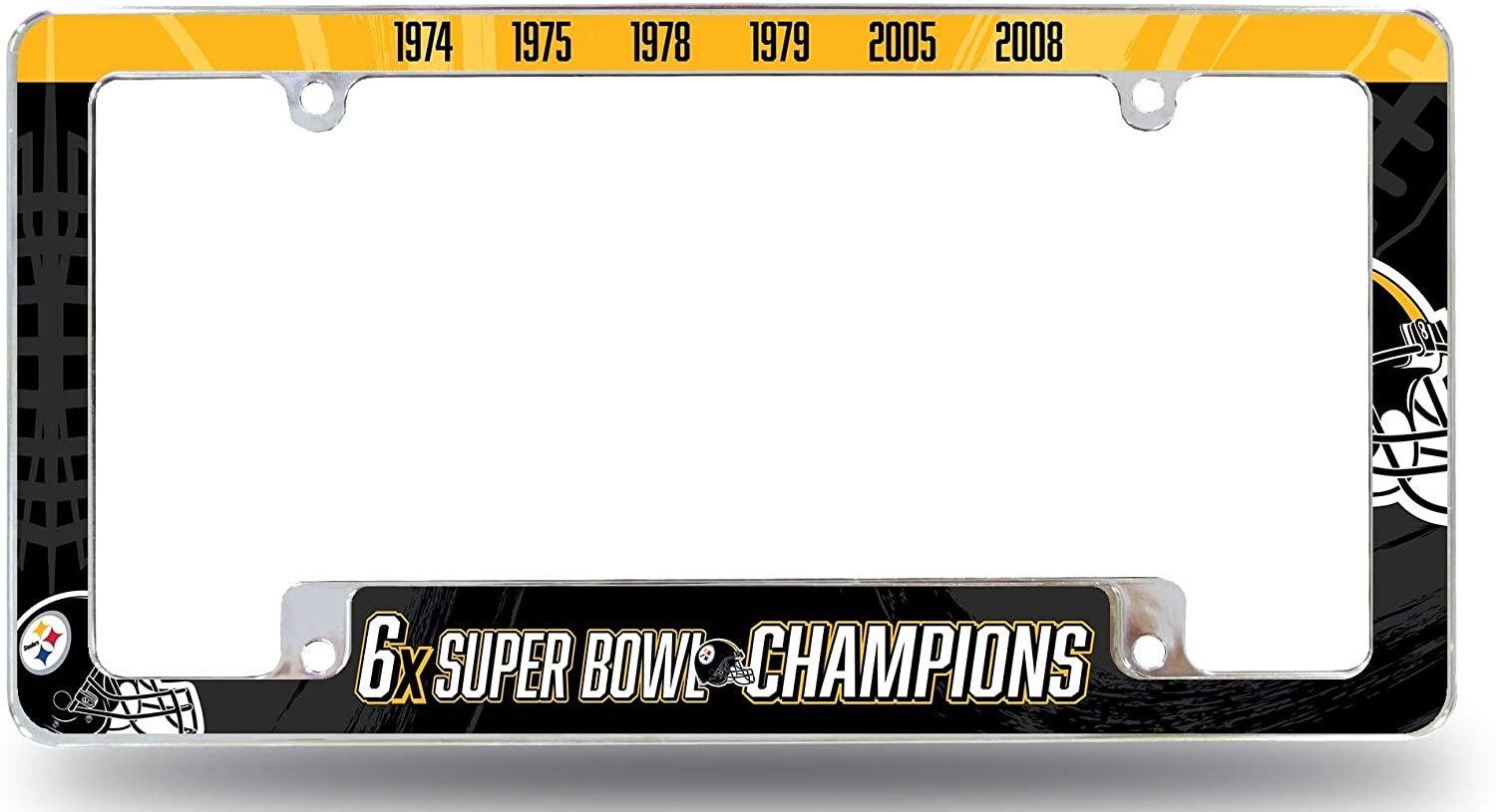 Pittsburgh Steelers 6X Time Champions Metal License License Plate Frame Tag Cover, All Over Design, 12x6 Inch