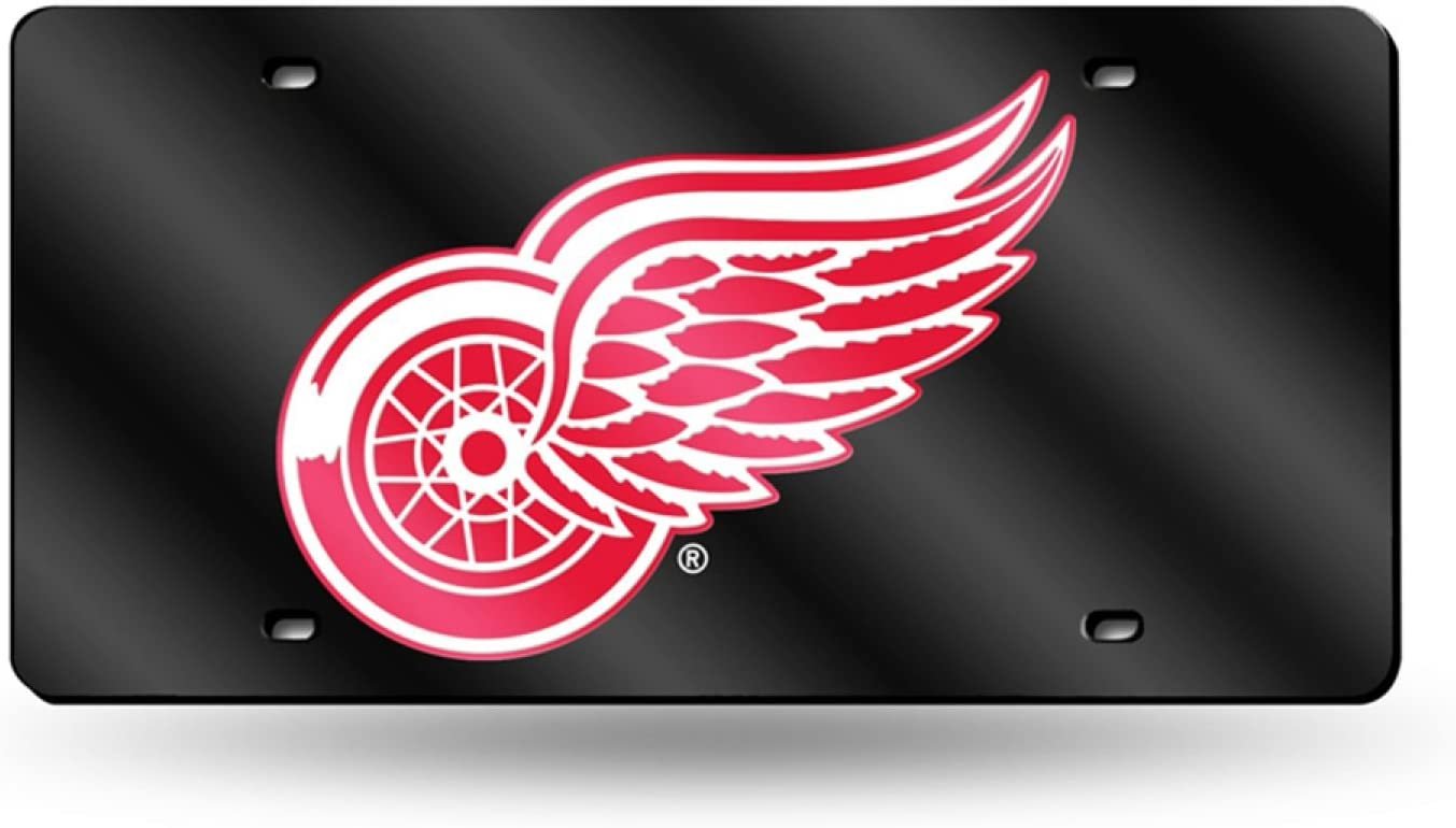Detroit Red Wings Premium Laser Cut Tag License Plate, Black, Mirrored Acrylic Inlaid, 12x6 Inch