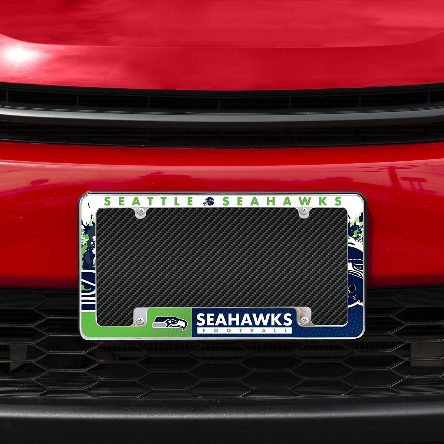 Seattle Seahawks Metal License Plate Frame Chrome Tag Cover All Over Design 12x6 Inch