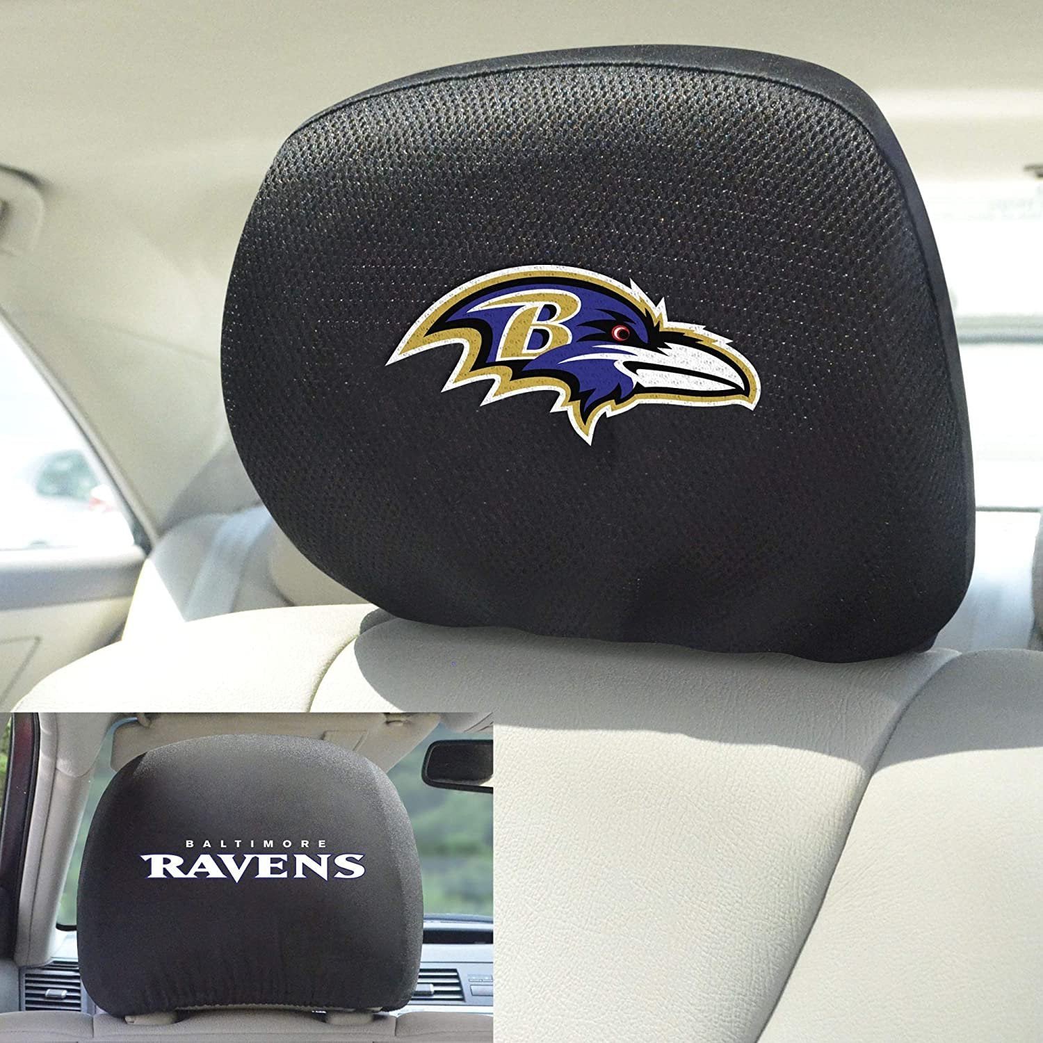 Baltimore Ravens Pair of Premium Auto Head Rest Covers, Embroidered, Black Elastic, 14x10 Inch