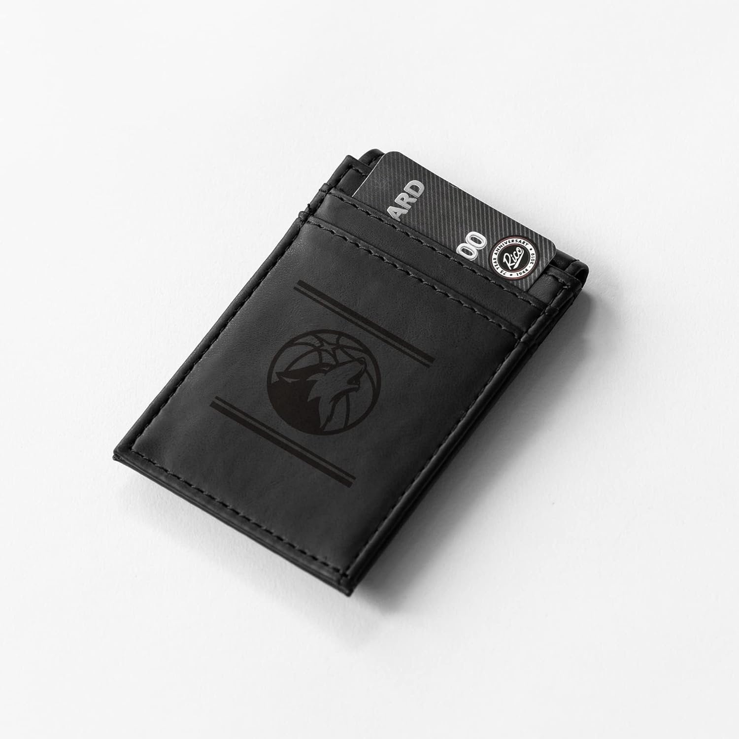 Minnesota Timberwolves Premium Black Leather Wallet, Front Pocket Magnetic Money Clip, Laser Engraved, Vegan