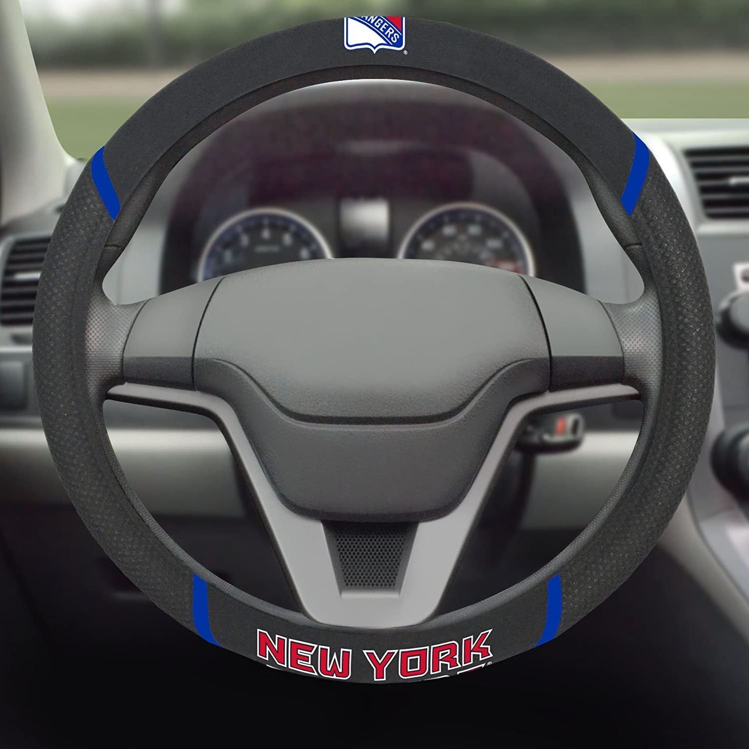 New York Rangers Steering Wheel Cover Premium Embroidered Black 15 Inch