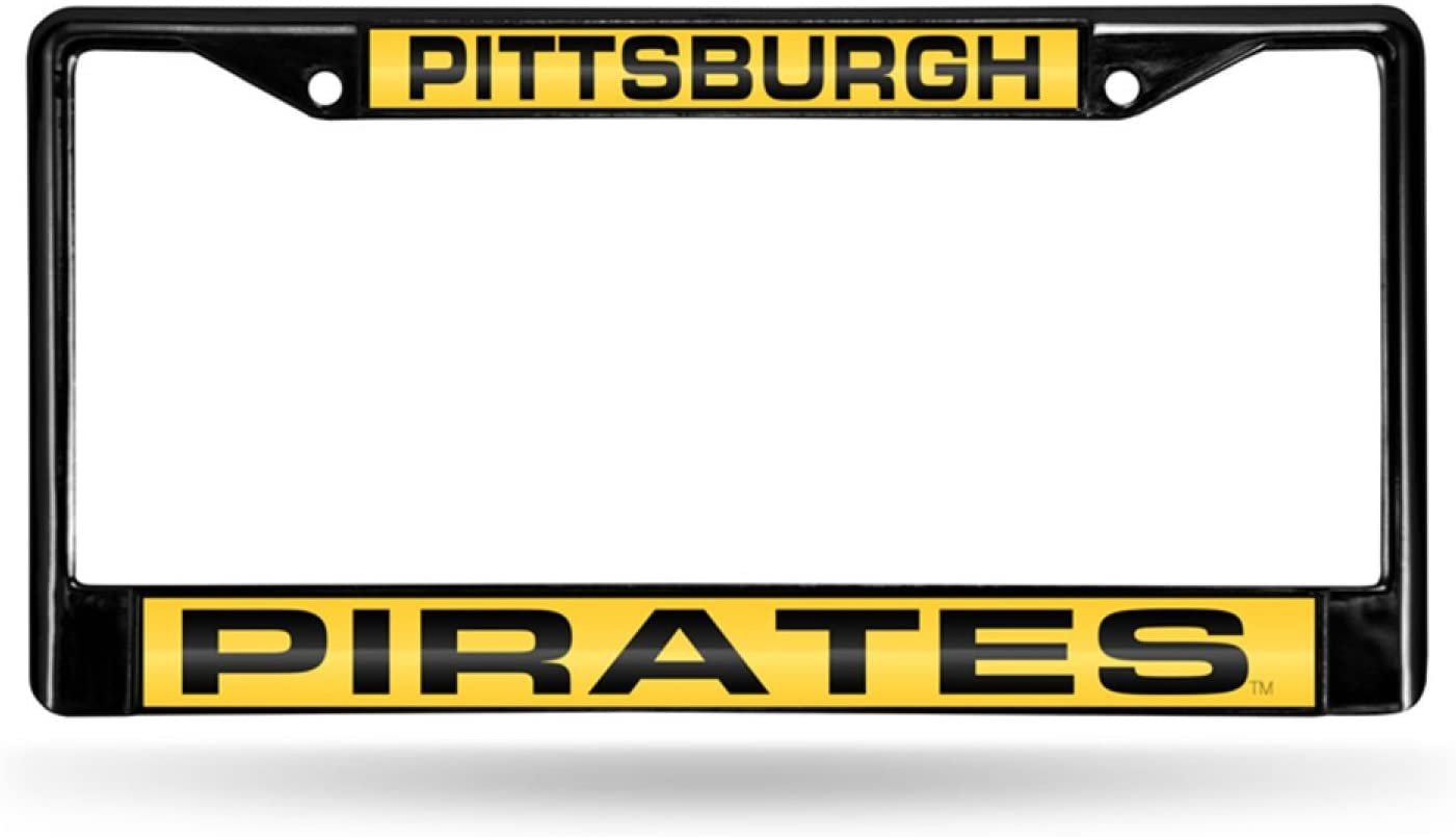 Pittsburgh Pirates Black Metal License Plate Frame Tag Cover, Laser Acrylic Mirrored Inserts, 12x6 Inch