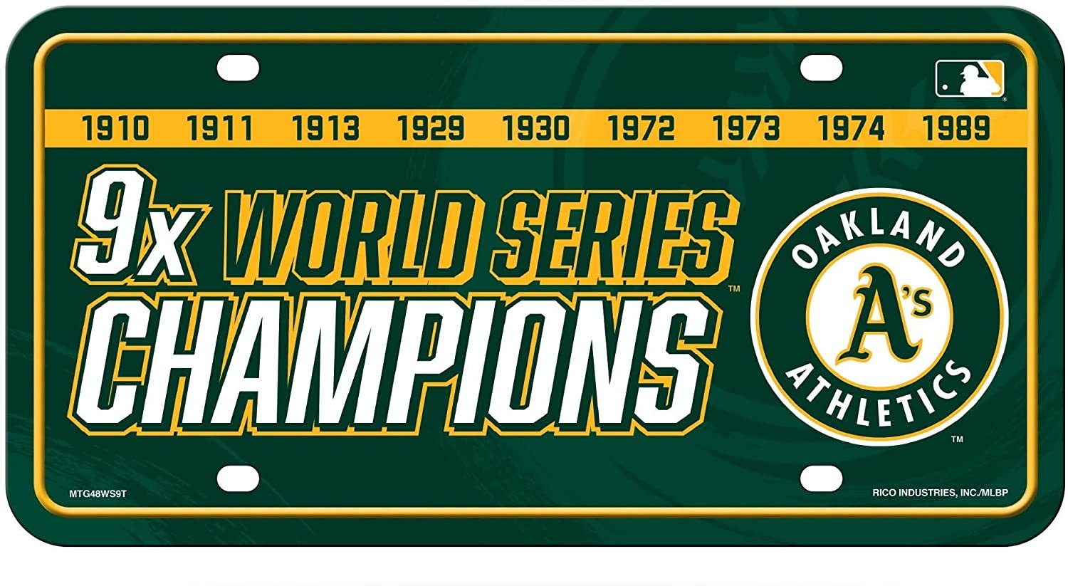 Oakland Athletics A's Metal Auto Tag License Plate, 9-Time World Series Champions, 6x12 Inch