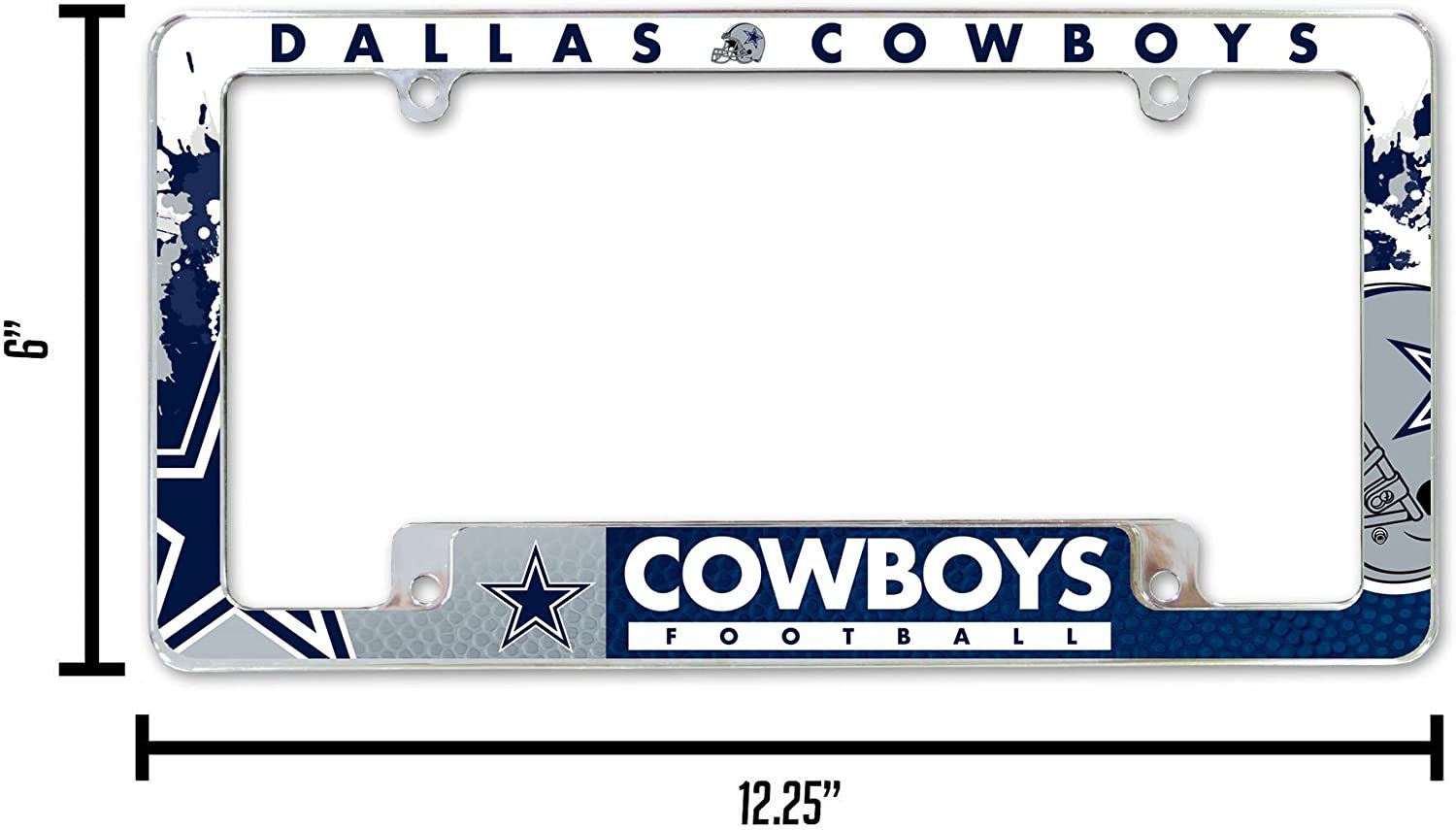 Dallas Cowboys Premium Metal License Plate Frame Tag Cover, All Over Design, 12x6 Inch