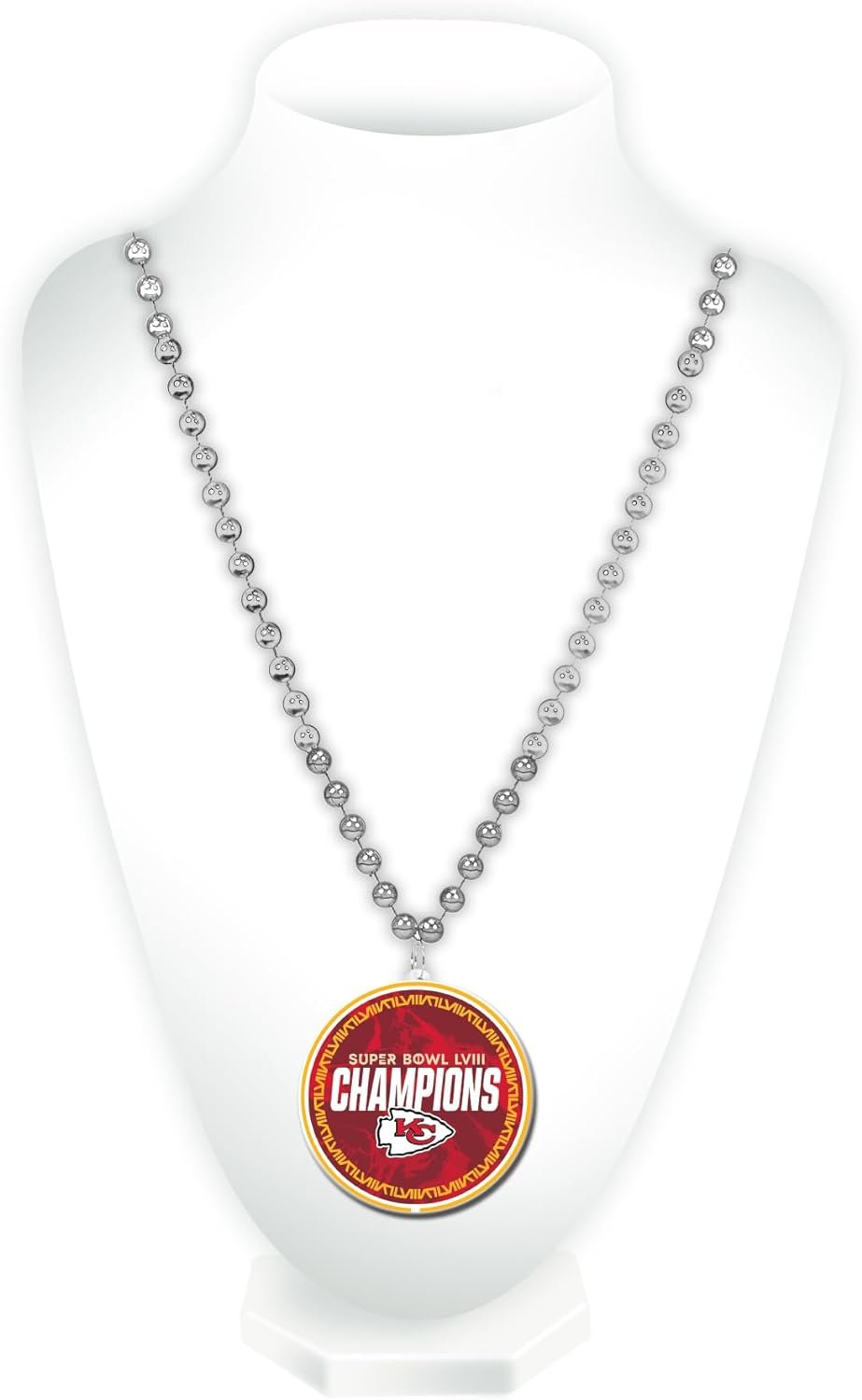 Rico Industries NFL Football Kansas City Chiefs 2024 Super Bowl Champions Bead Necklace with Round Medallion - Great Game Day Accessory 3" x 24"